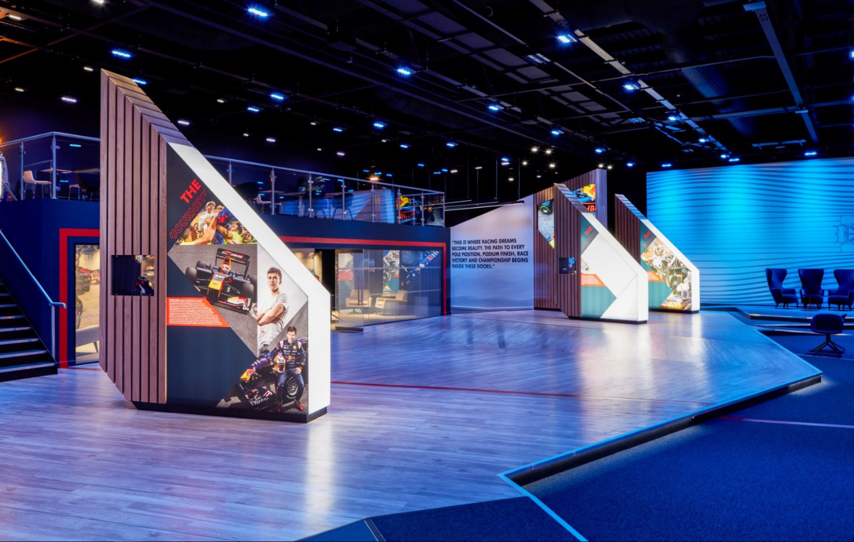 Modern event space with angled displays for conferences and product launches.