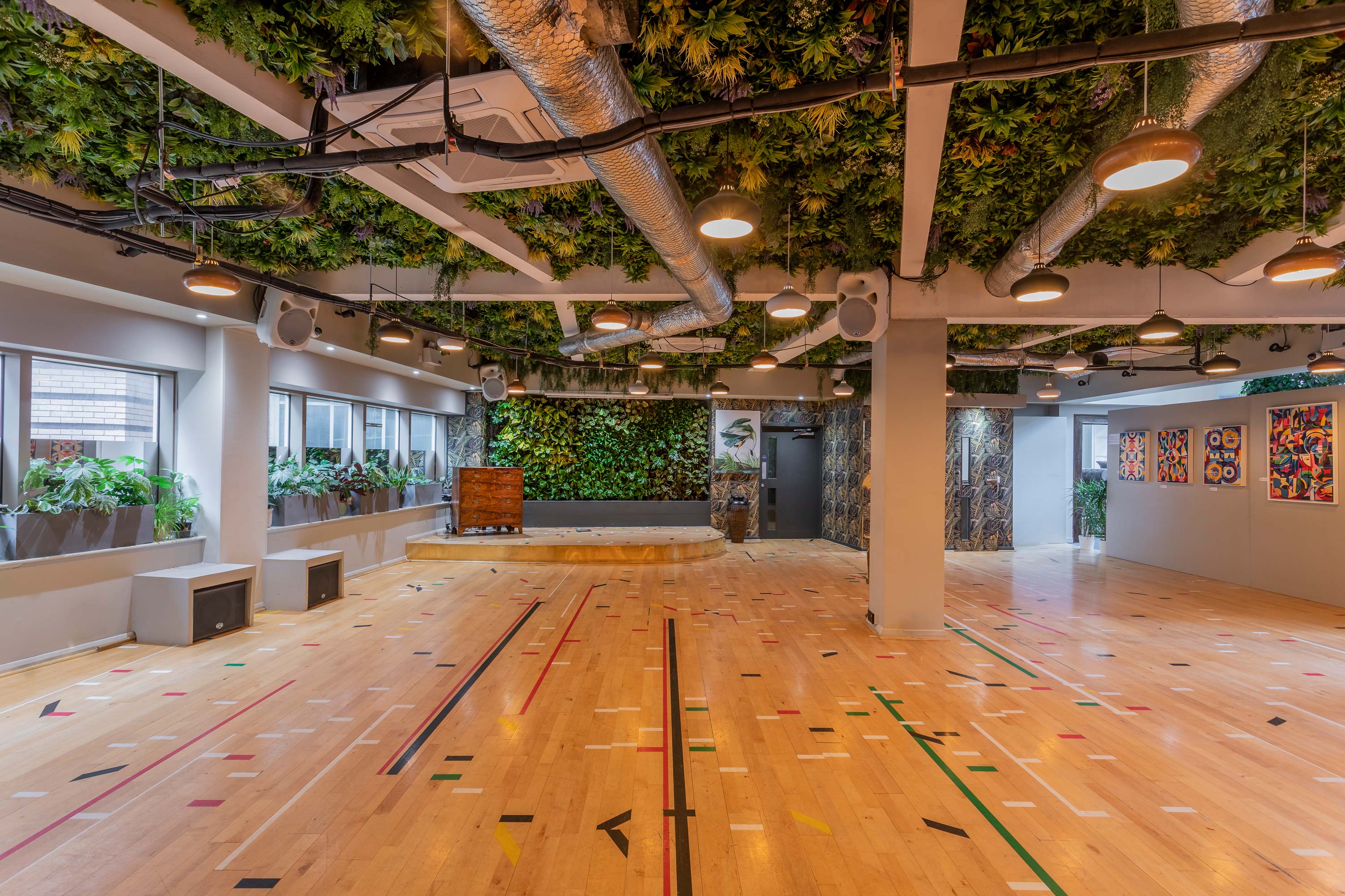 Main Lounge in Library with green ceiling for creative events and workshops.