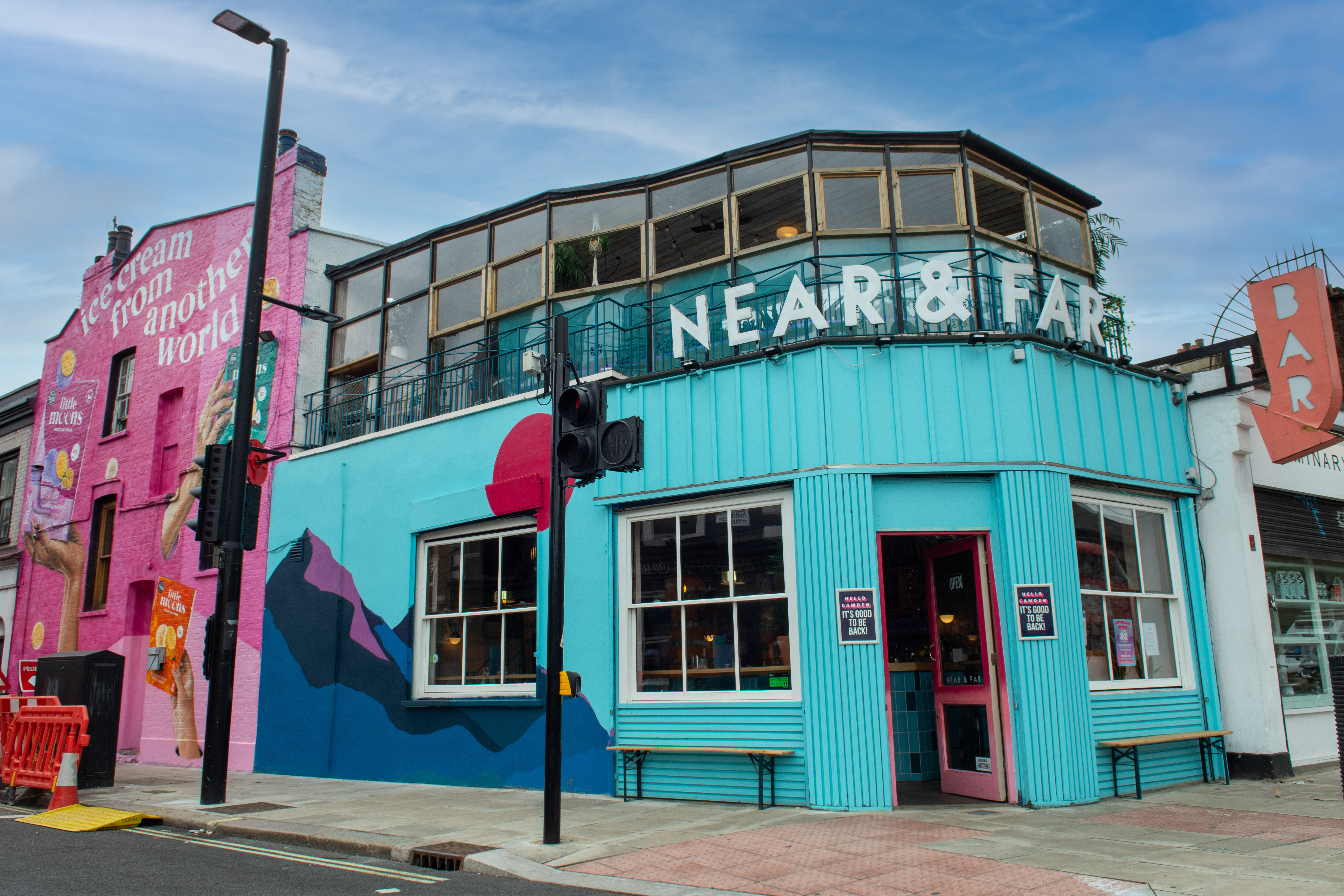 Vibrant Studio 48 venue with colorful façade, perfect for creative events and networking.