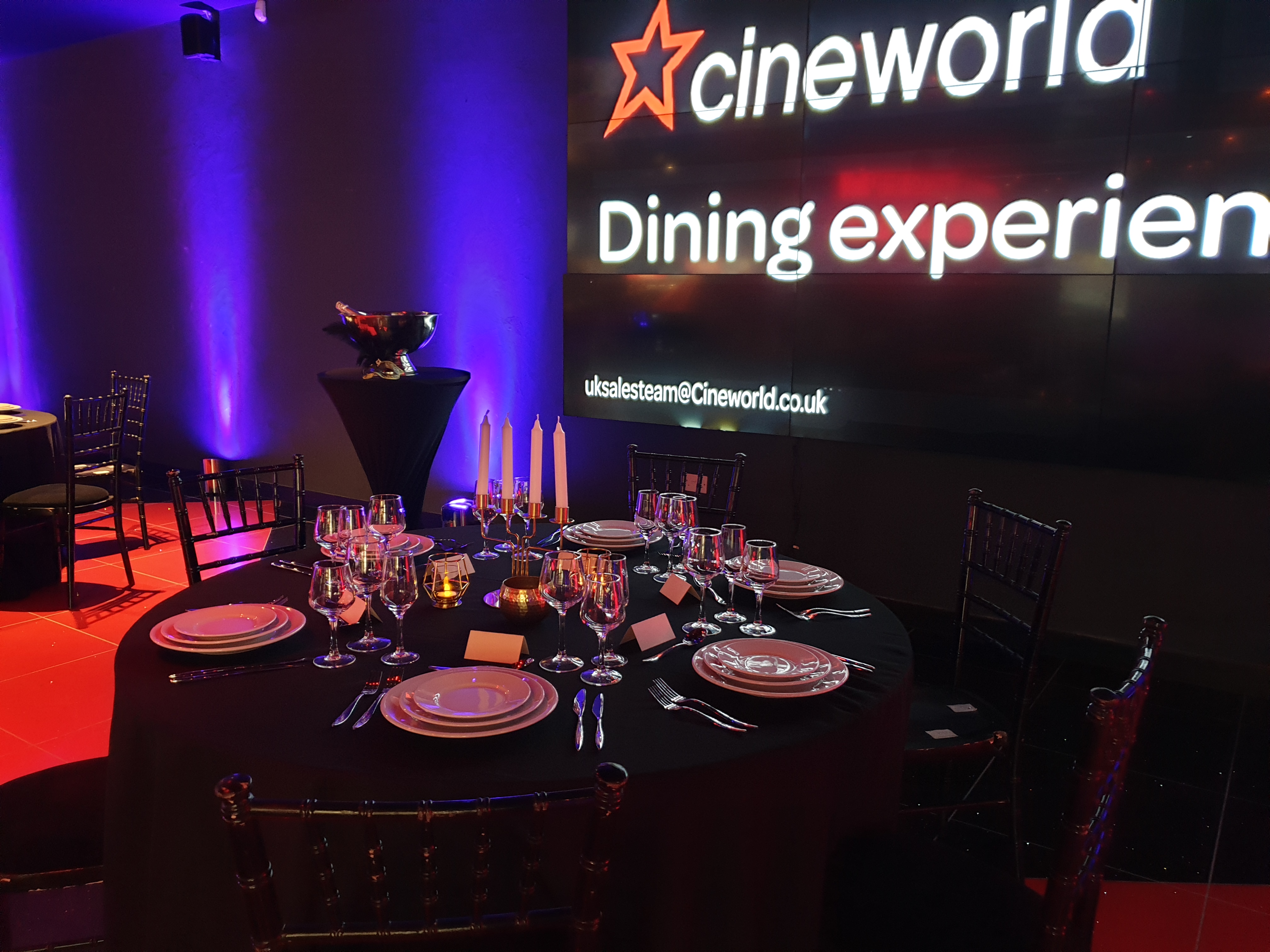 Elegant dining setup in Cineworld O2 Greenwich for corporate events and special occasions.