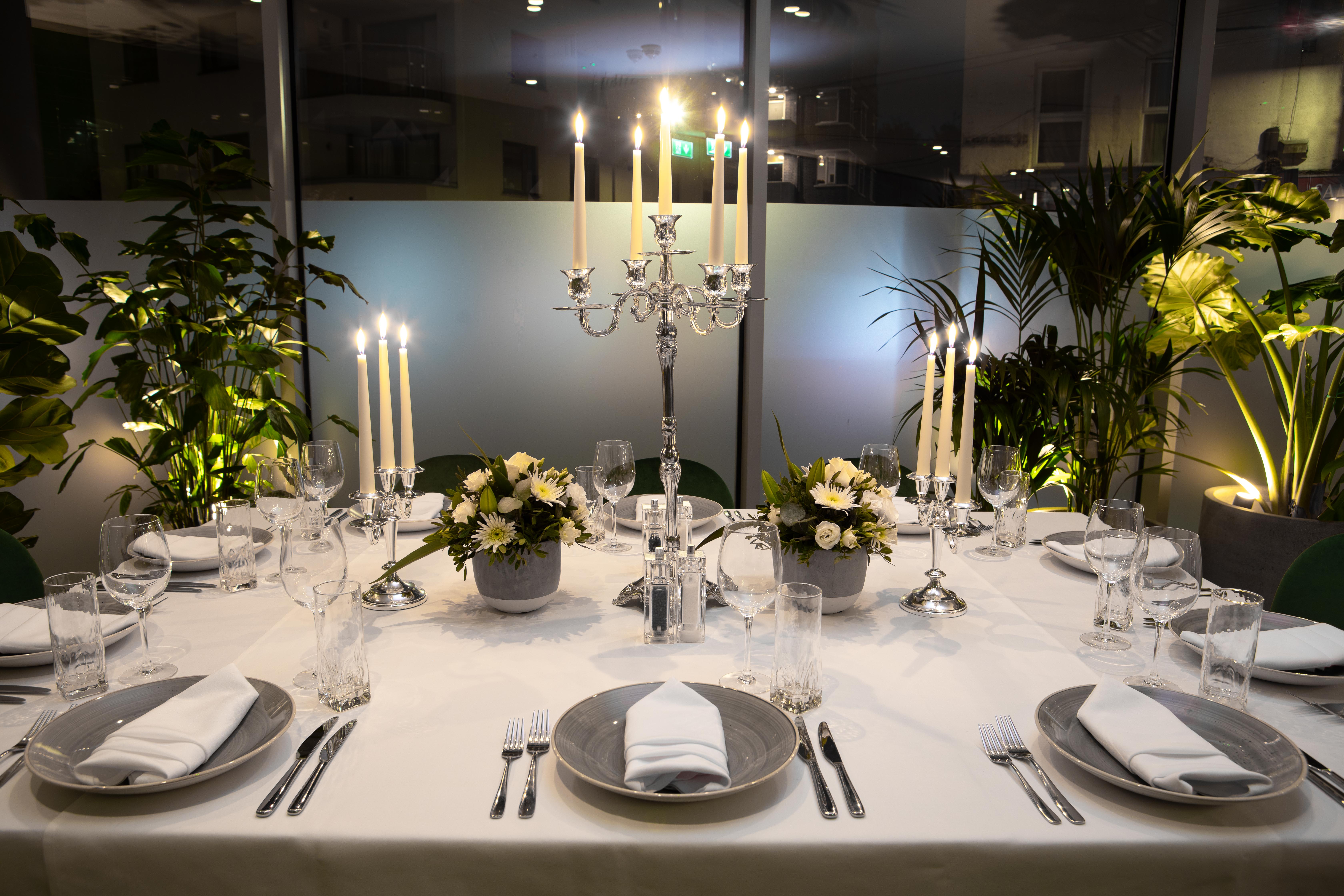 Elegant dining table at Whitechapel Think Factory, perfect for formal dinners and galas.
