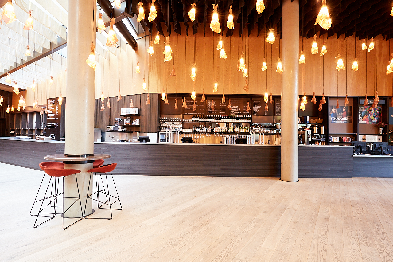 Main Foyer of Bridge Theatre with stylish bar, ideal for networking events and meetings.