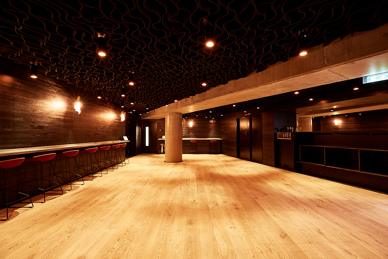 Lower Foyer at Bridge Theatre: modern event space with stylish design for gatherings.