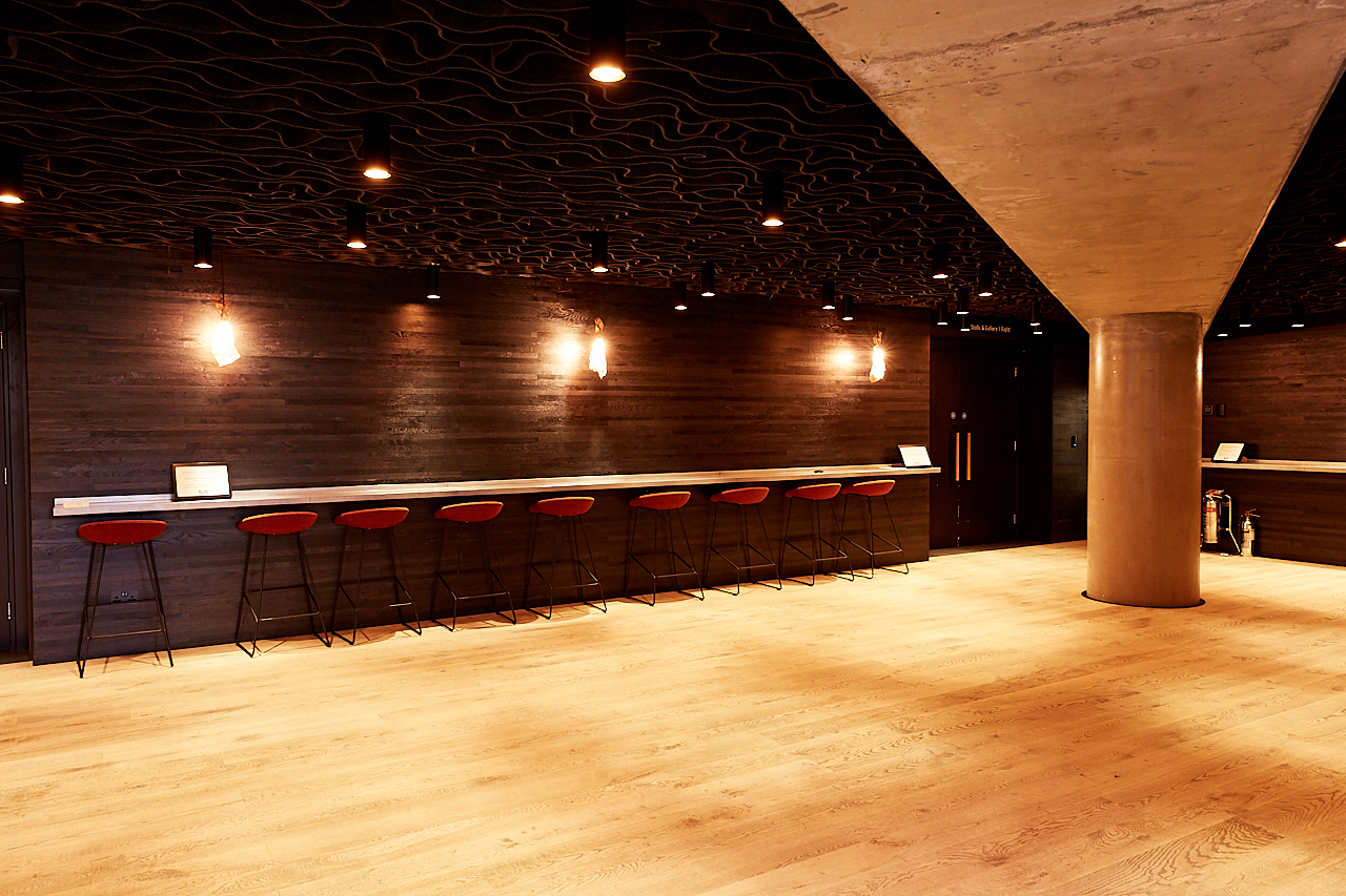 Lower Foyer at Bridge Theatre: modern event space with stylish lighting for gatherings.