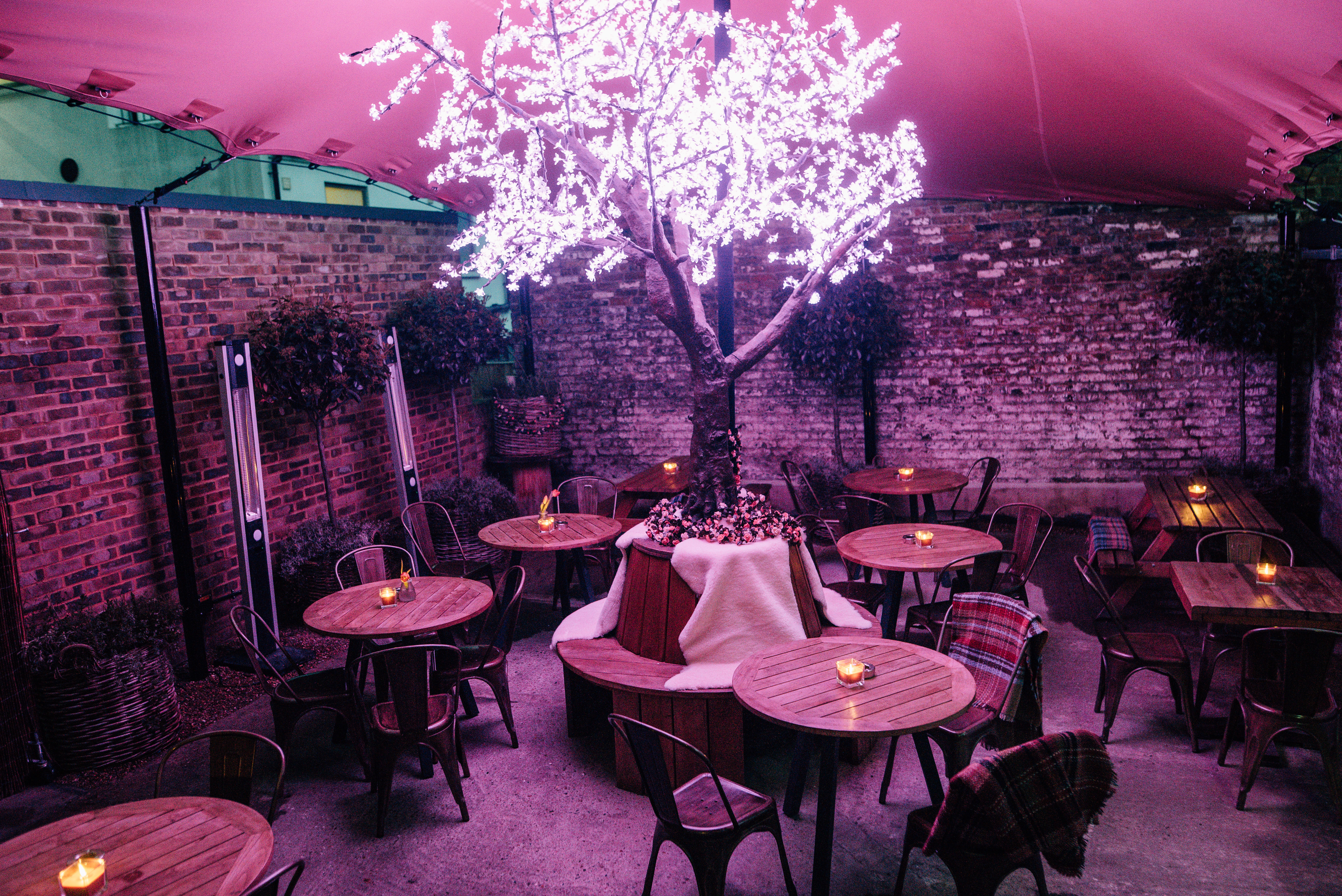 Lillie Lounge outdoor venue with whimsical tree centerpiece for intimate events.