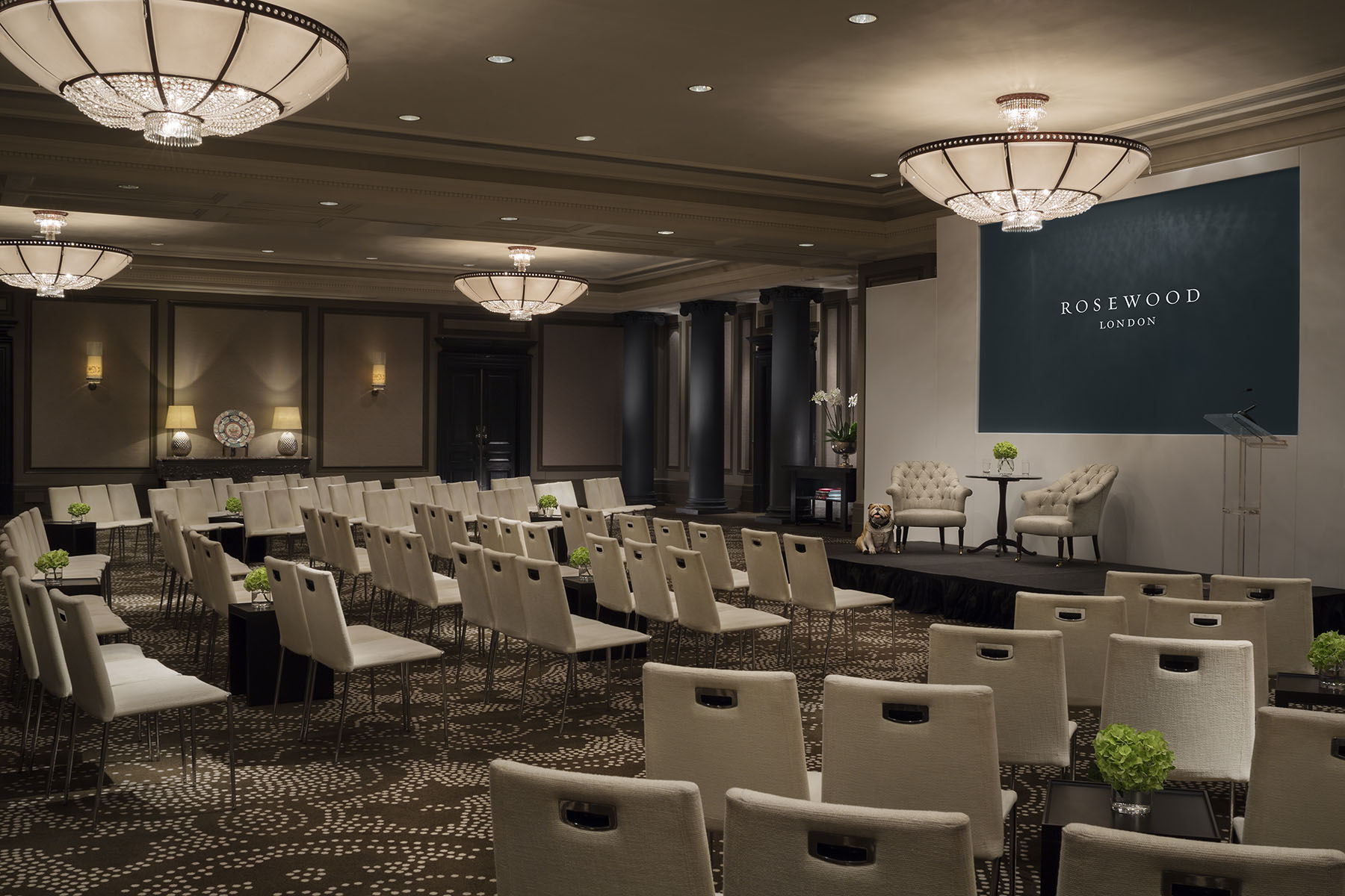 Grand Ballroom at Rosewood London, elegant theater-style seating for corporate events.