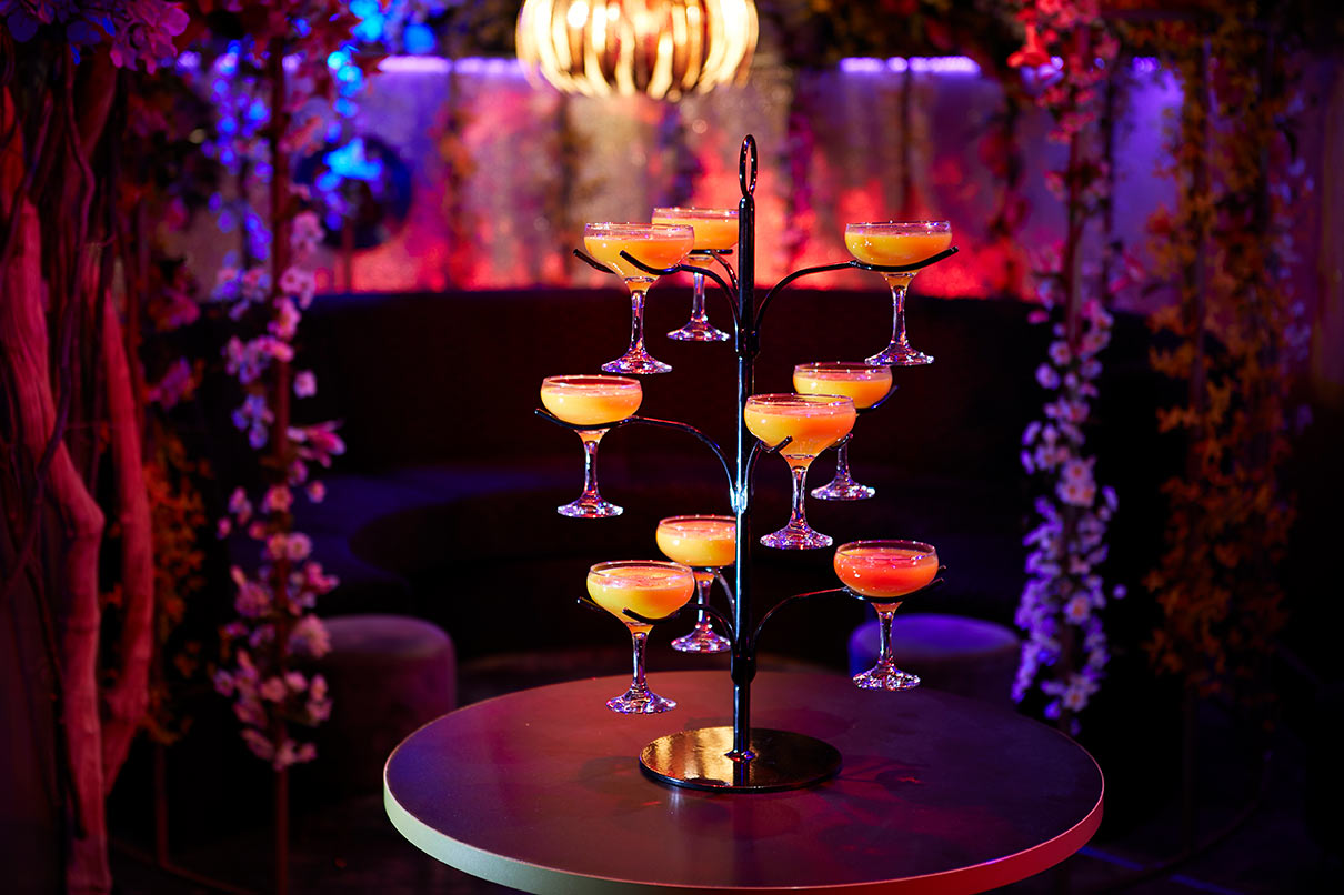 Elegant cocktail display at Le Jardin, vibrant drinks for social gatherings and celebrations.