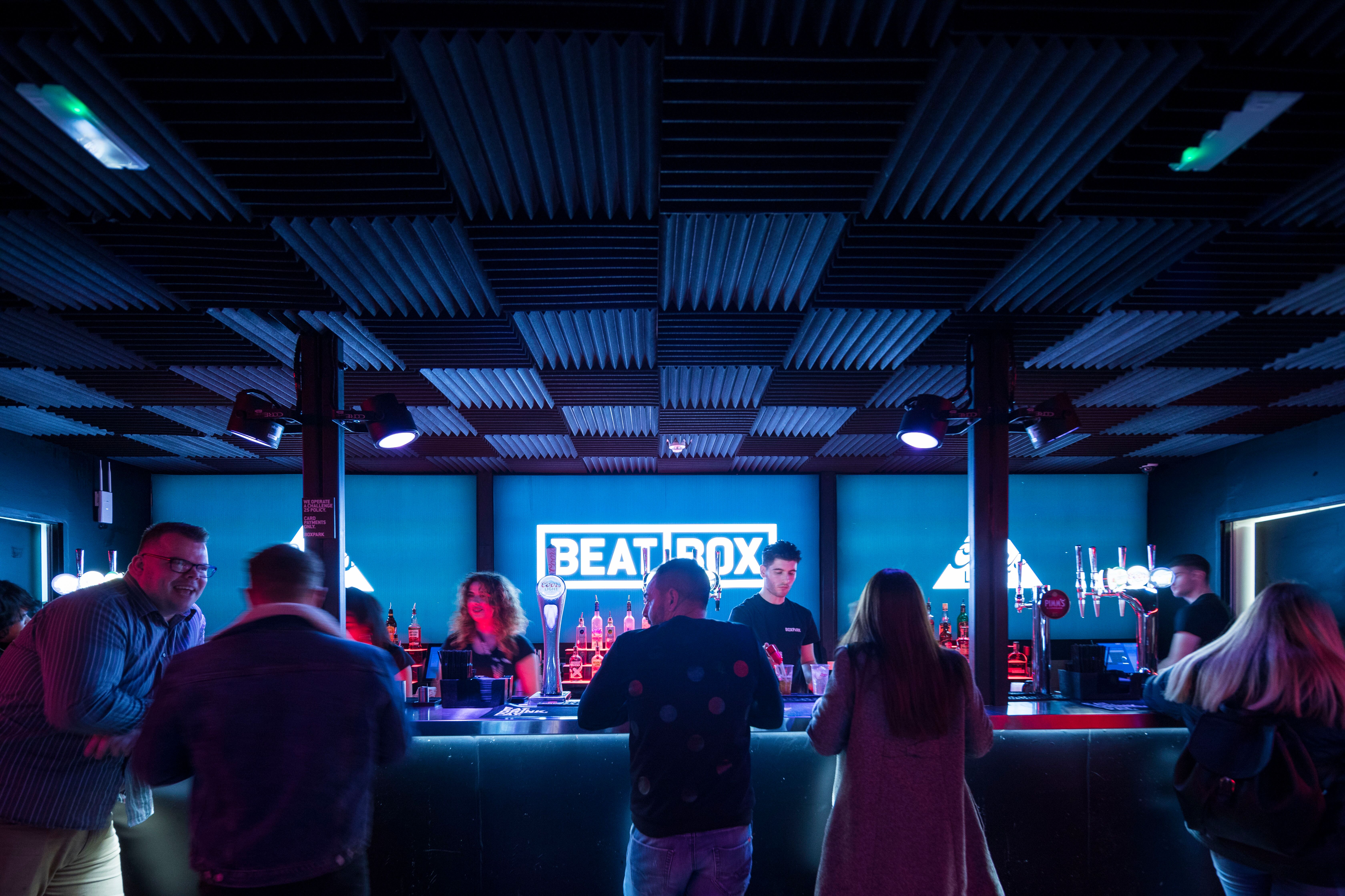 Vibrant BeatBox bar in Boxpark Croydon, perfect for networking and social events.