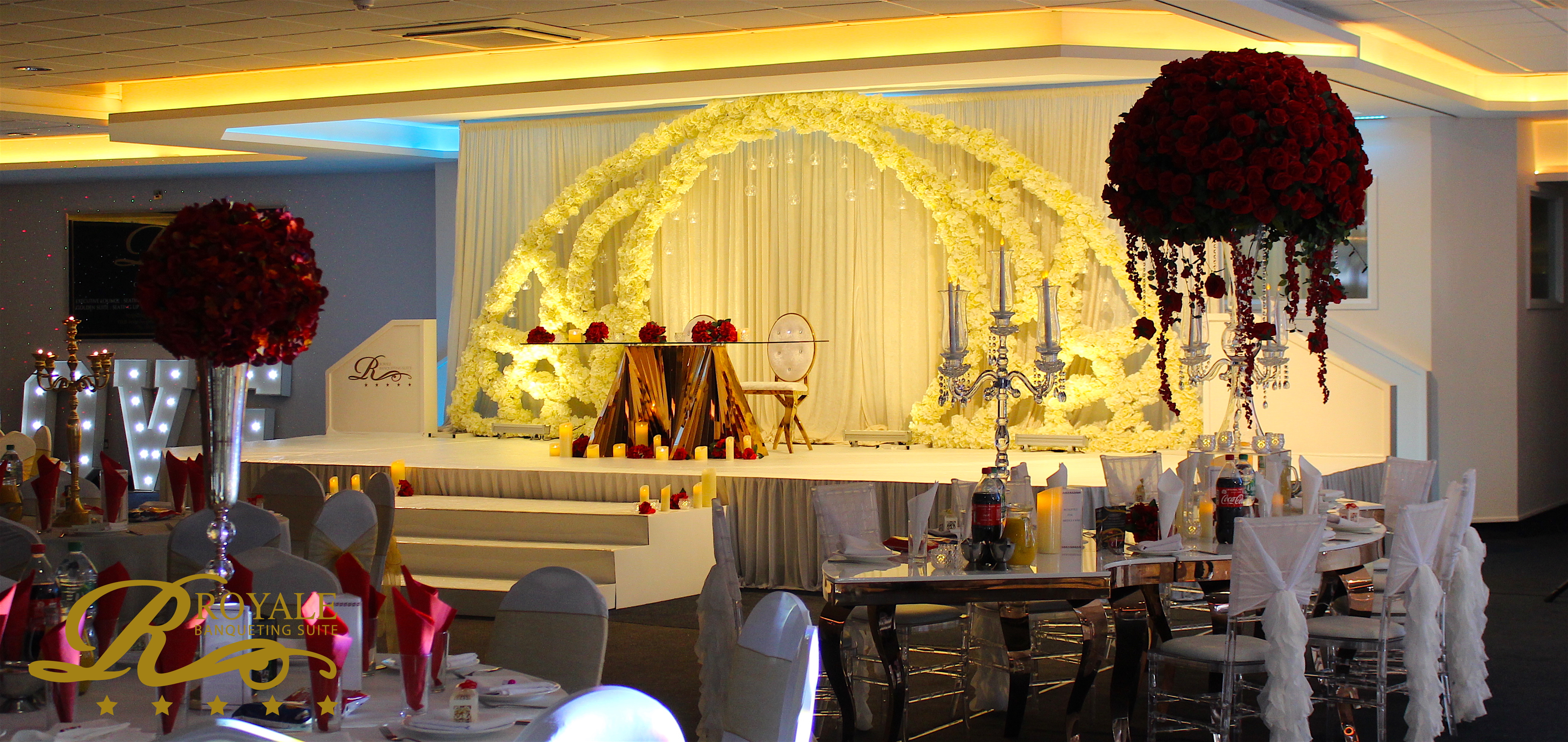 Elegant Main Hall at Royale Banqueting Suite, perfect for weddings and formal events.