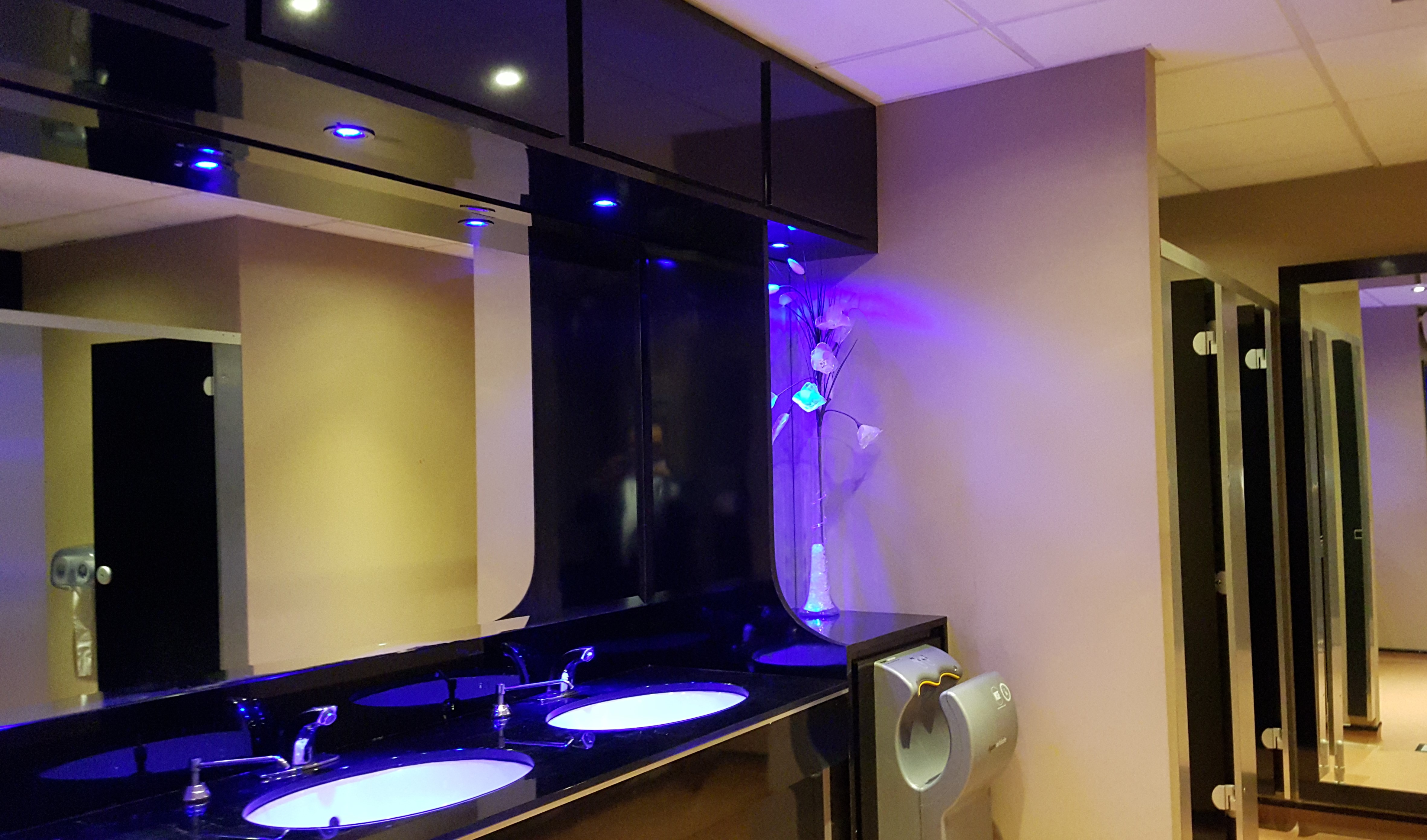 Modern executive lounge restroom with dual sinks for high-end events.