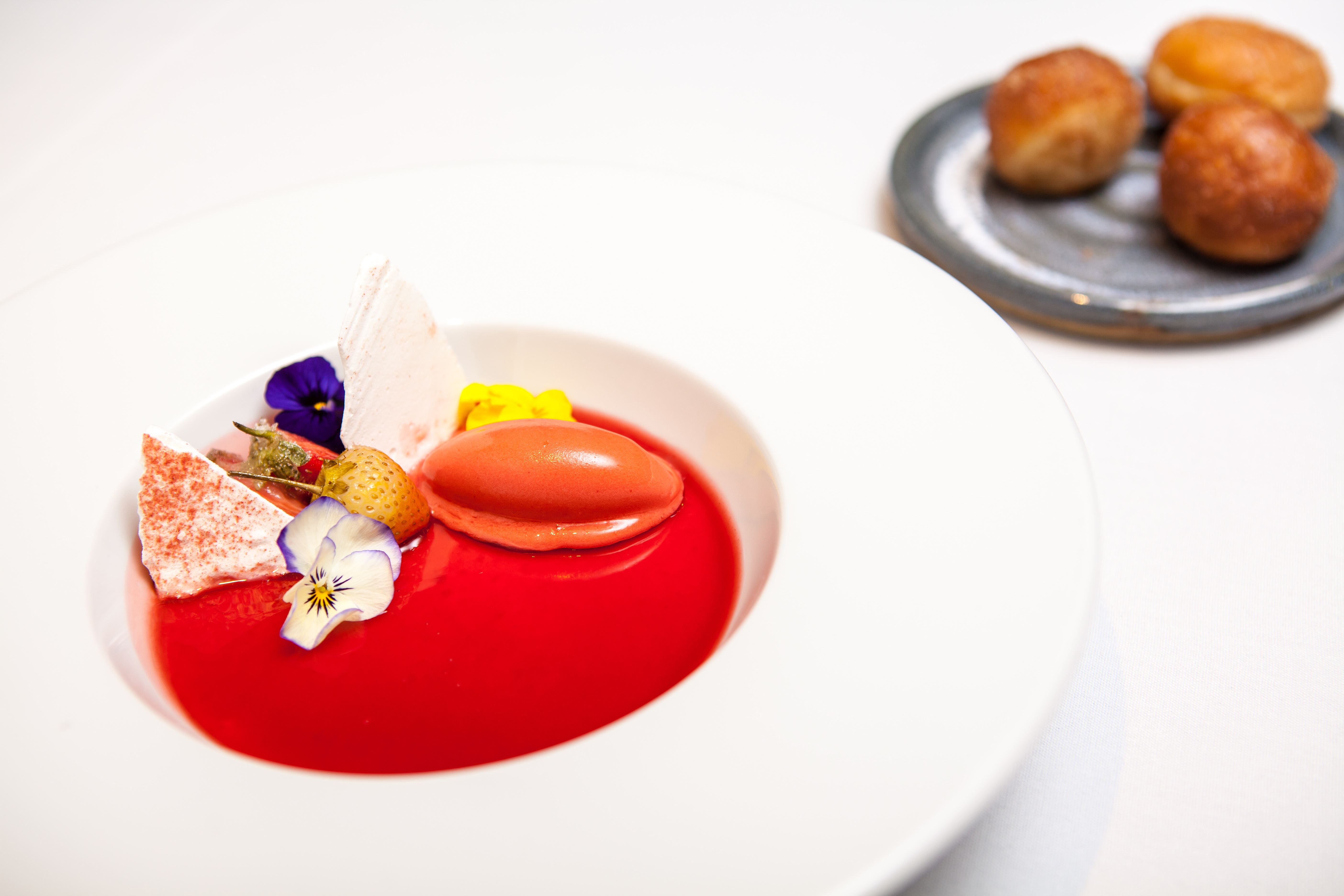 "Artistic dessert at James Martin restaurant, Manchester - upscale dining experience."