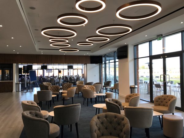 Modern event space at Newbury Racecourse with stylish seating for meetings and events.