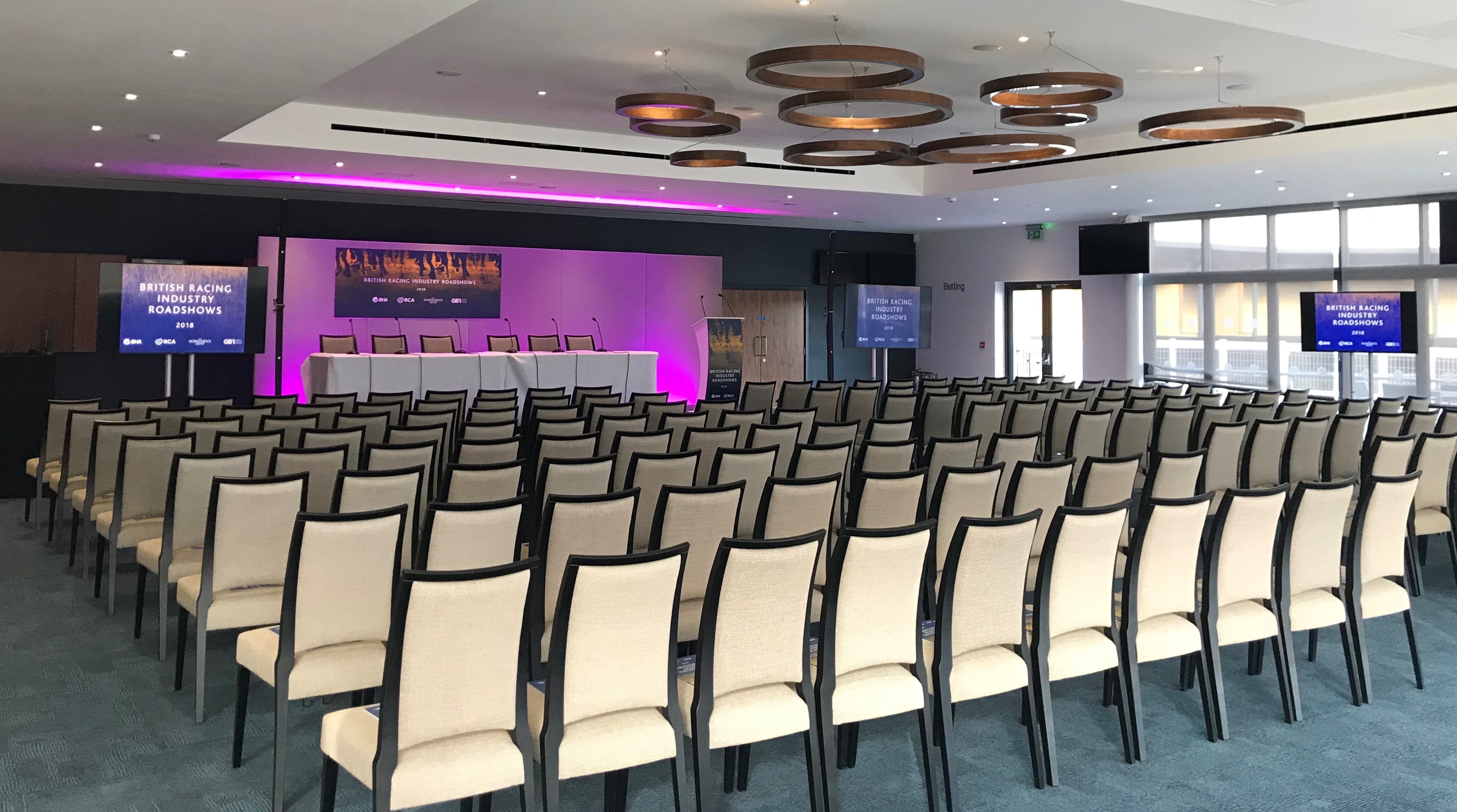 Event space at The Owners Club, Newbury Racecourse, ideal for conferences and seminars.