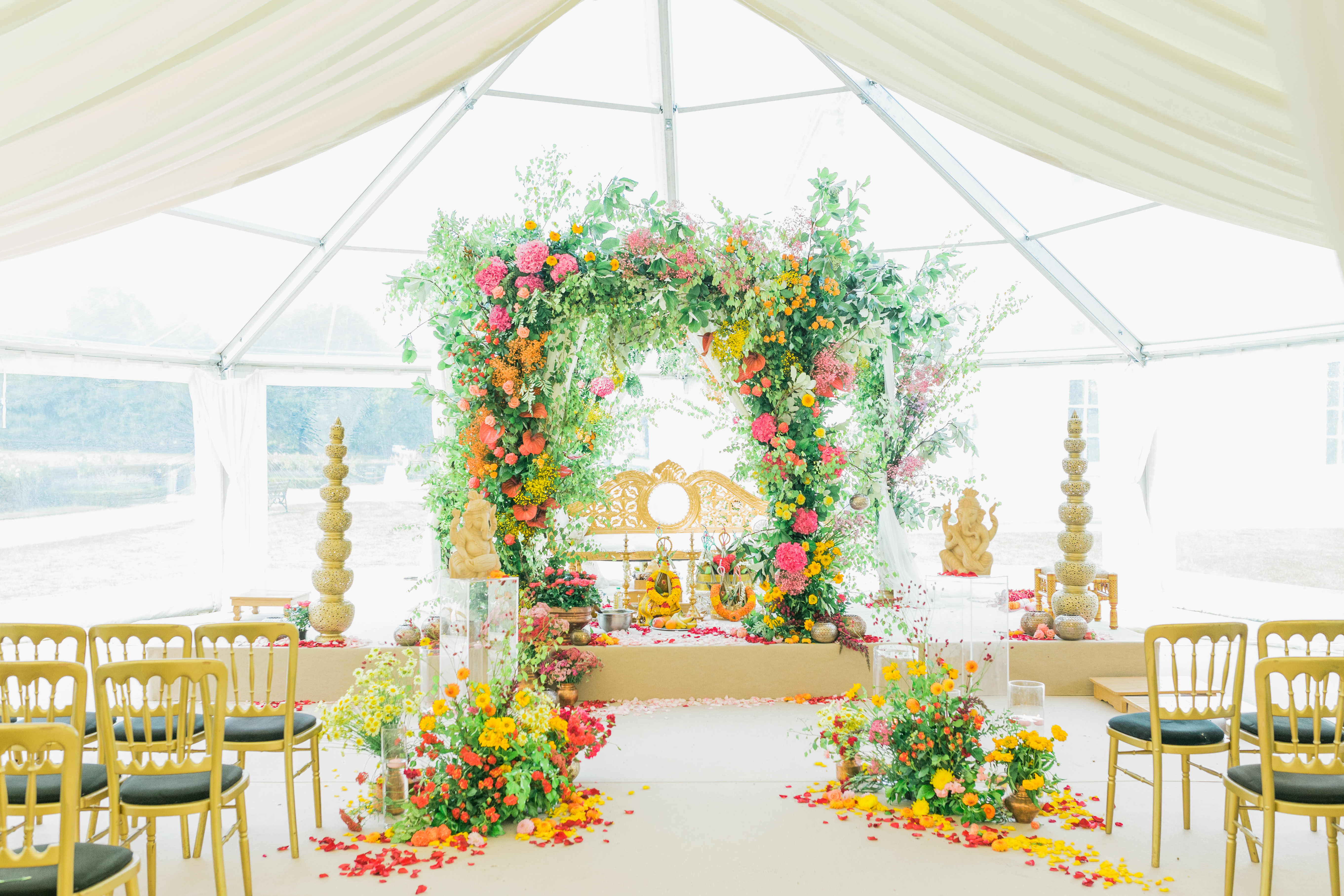 Floral arch in South Lawns, The Queen's House for elegant wedding celebrations.