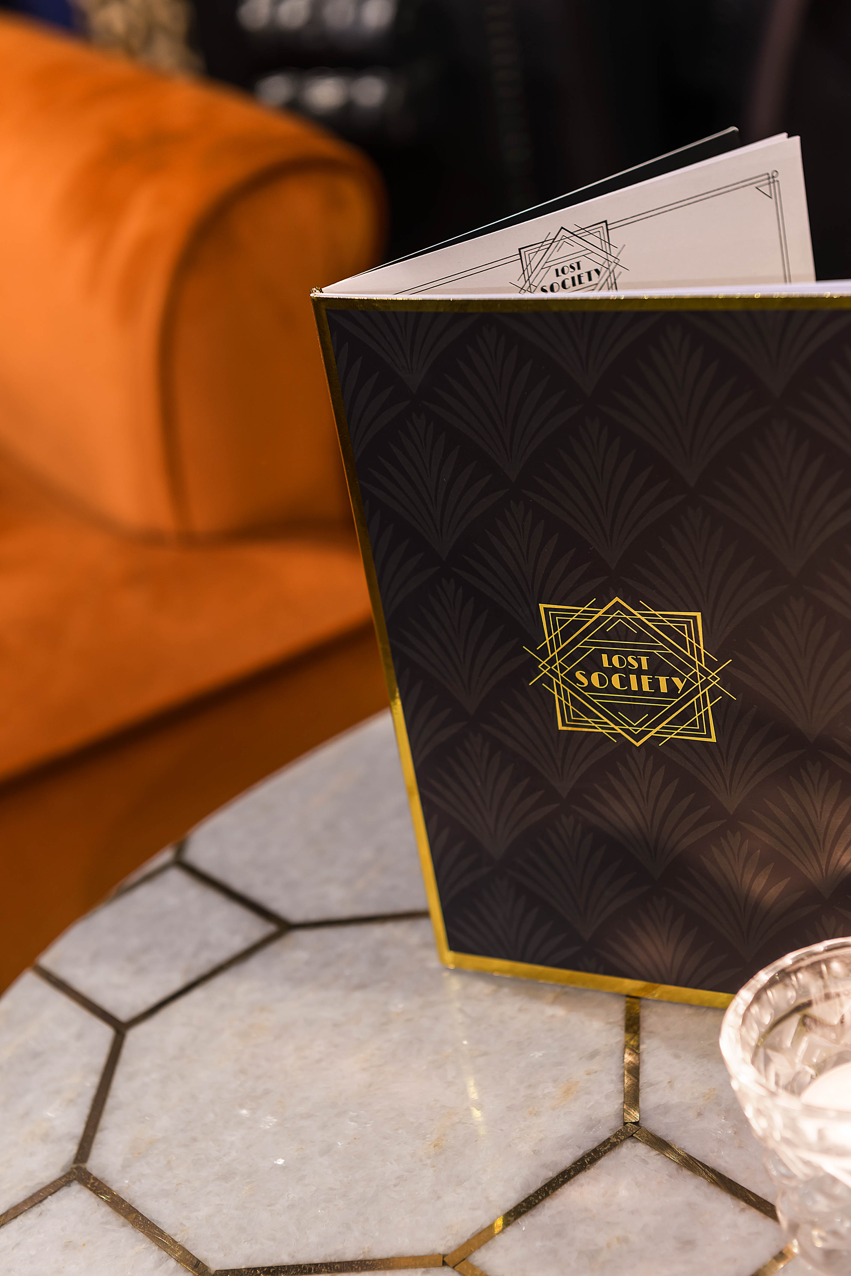 Stylish menu at Lost Society Lounge Bar, perfect for upscale events and private parties.