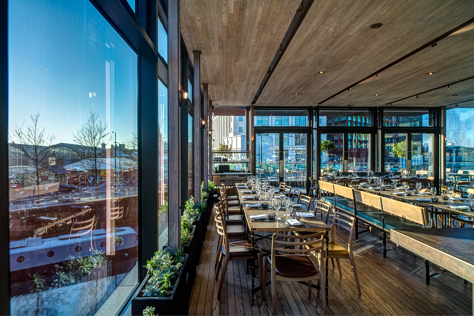 First Floor Dining Room at The Lighterman with floor-to-ceiling windows for events.