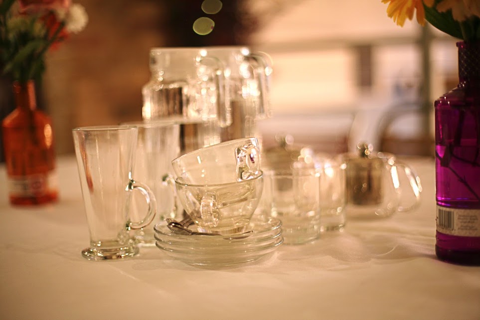 Elegant glassware display for event planning at Actress and Bishop.