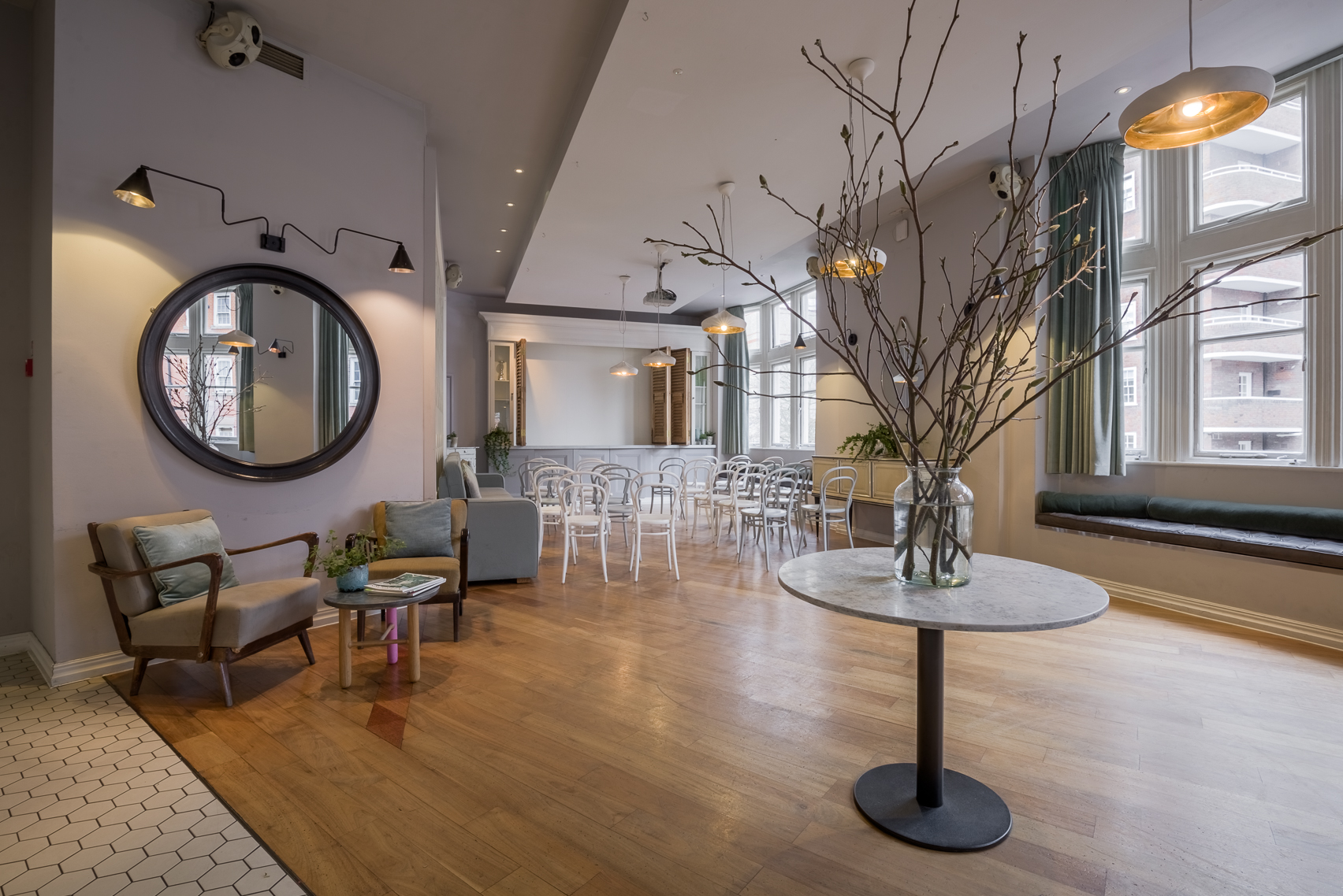 Private dining room with modern decor, ideal for events and meetings at No.11 Pimlico Road.