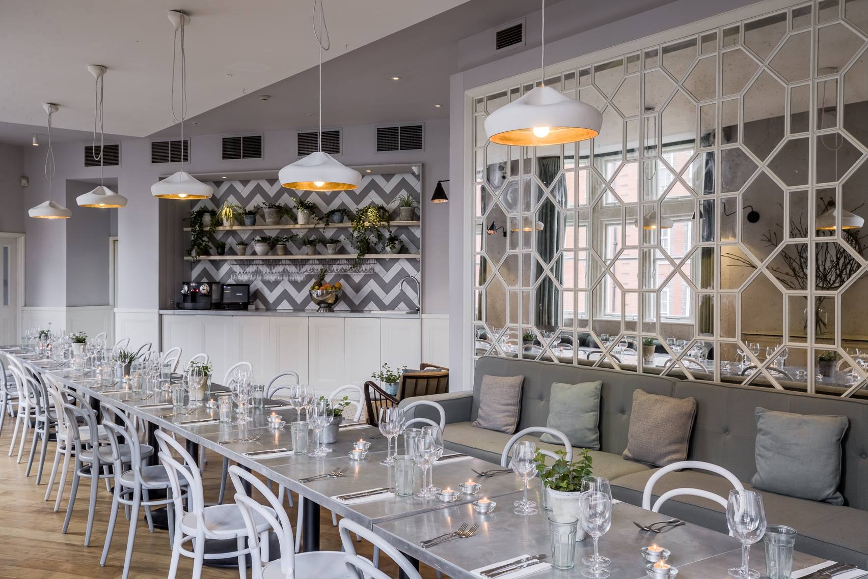 Private dining room at No.11 Pimlico Road, modern decor for events and gatherings.