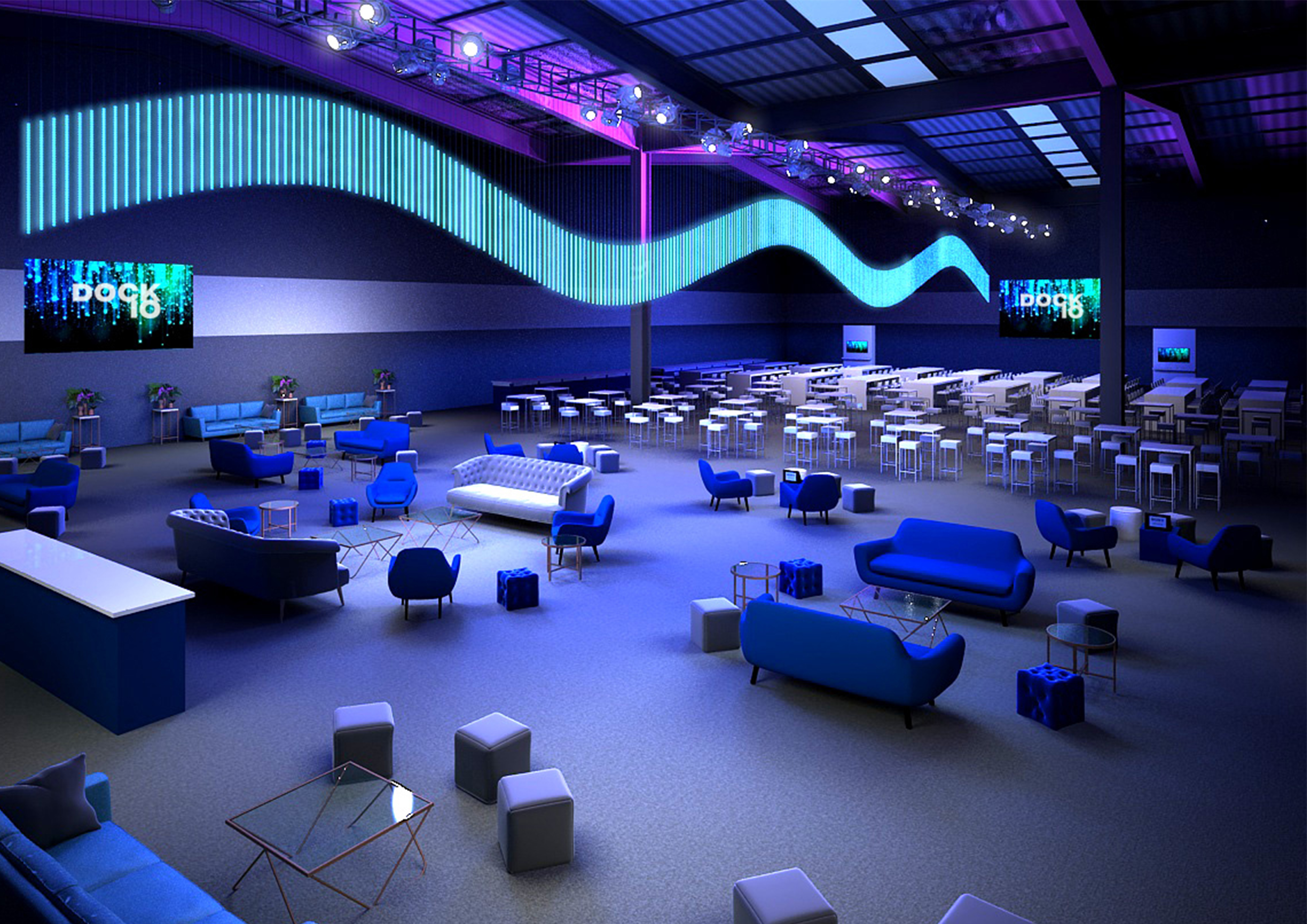 Modern event space in Dock X London with sleek blue and white furniture for conferences.