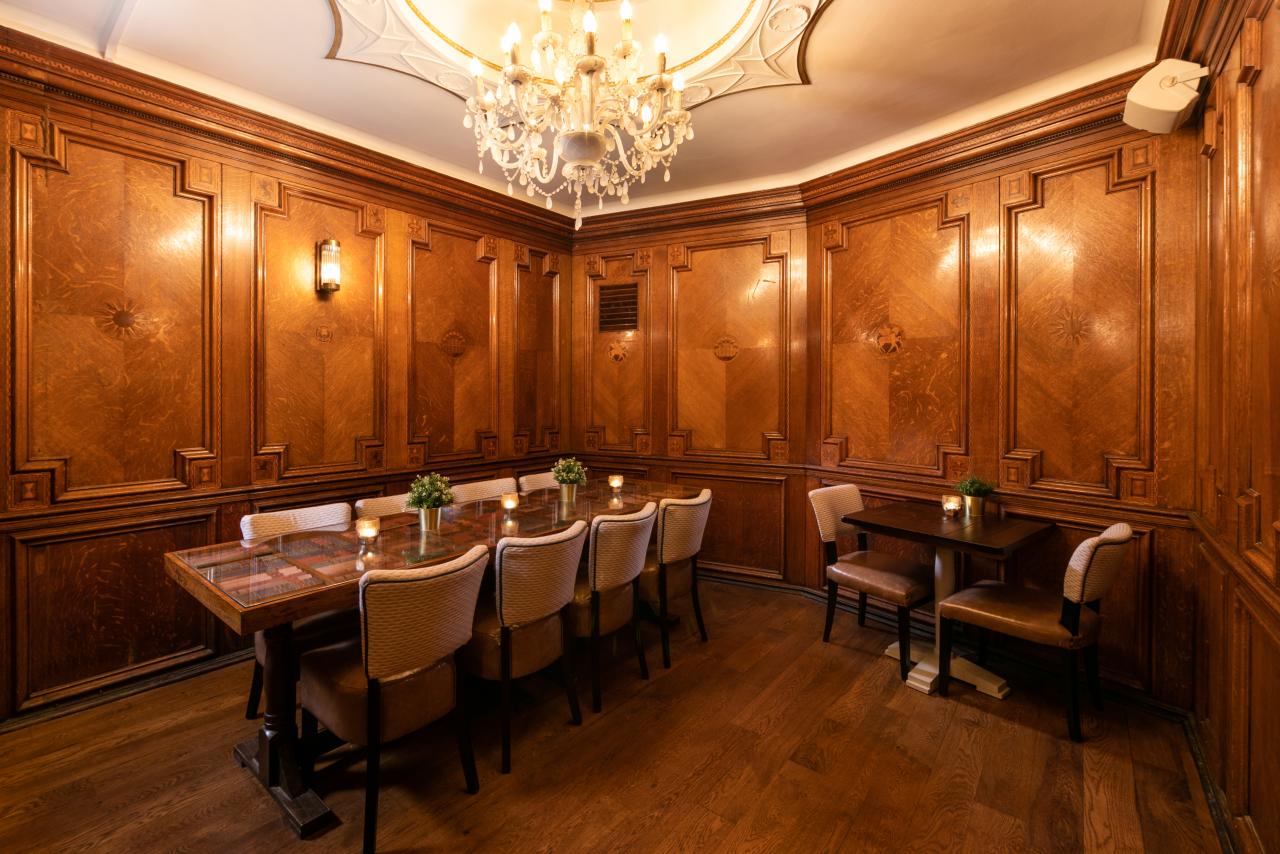Elegant Boardroom at Pitcher & Piano Cornhill with wooden paneling, perfect for meetings and events.