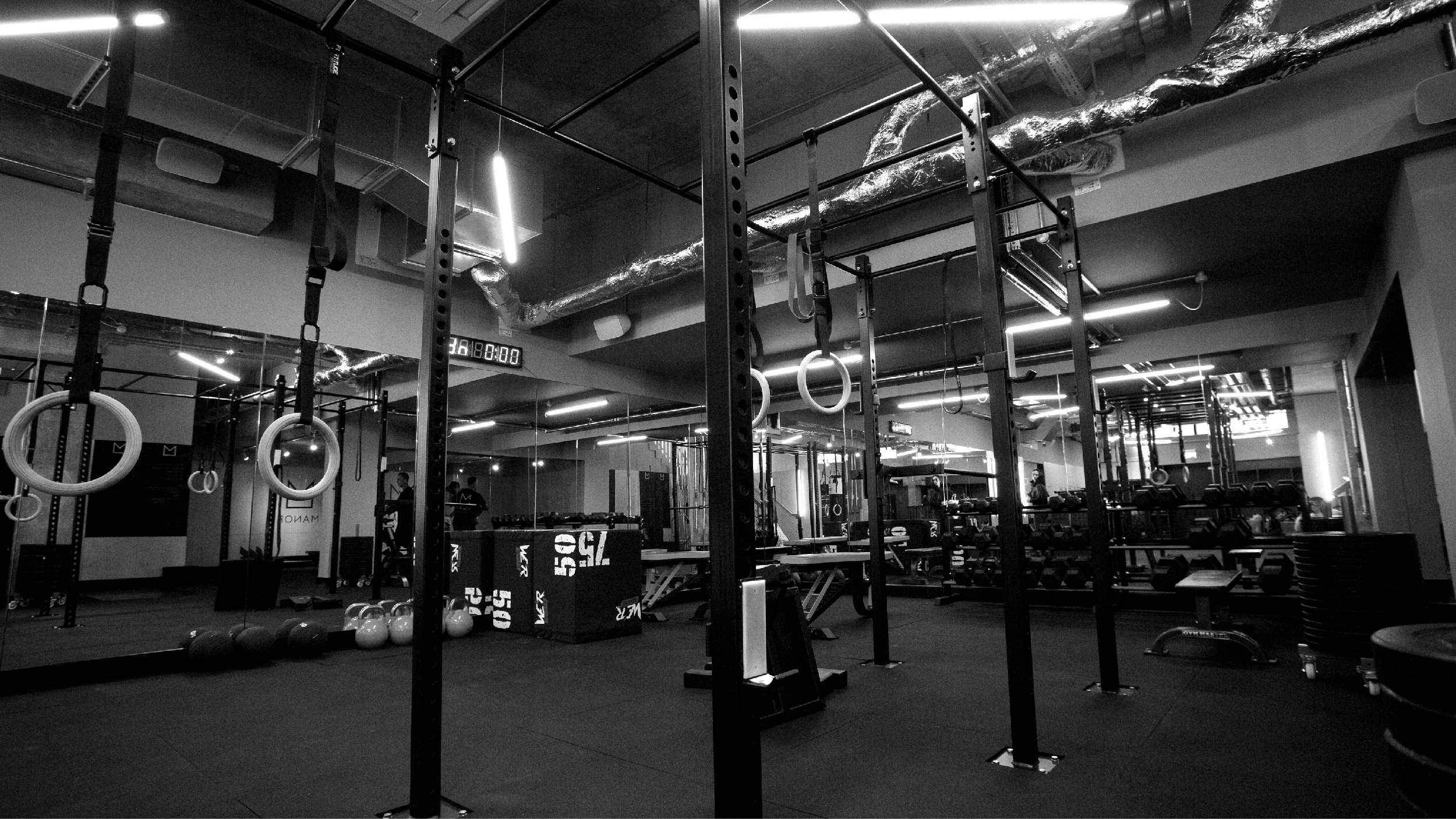 Modern fitness facility with gymnastic rings, ideal for wellness retreats and team-building events.