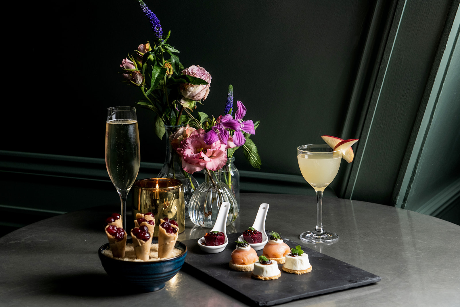 Elegant Balcony Room setup with hors d'oeuvres for upscale networking events.