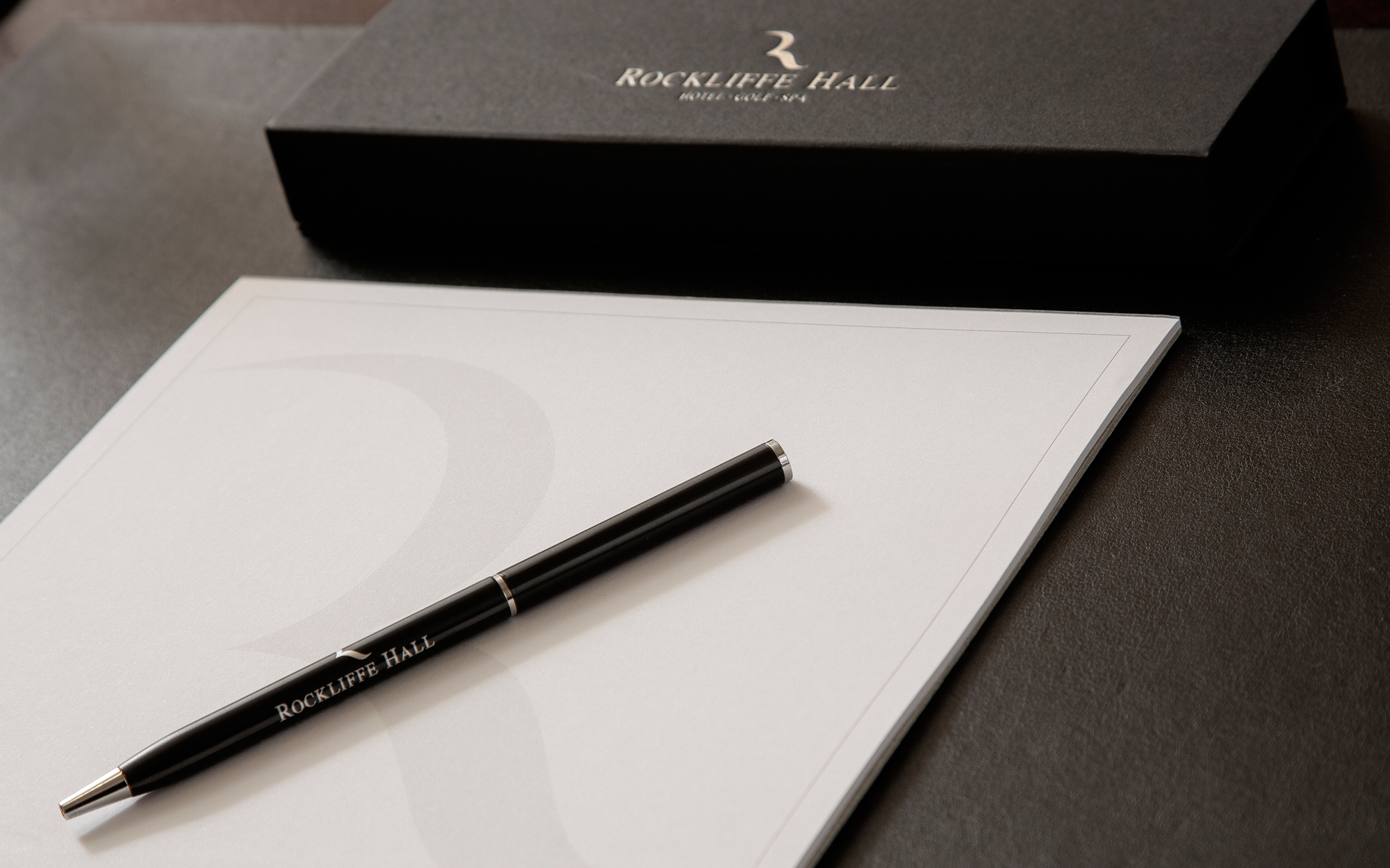 Polished meeting setup with branded stationery at Sequoia, Rockliffe Hall for corporate events.