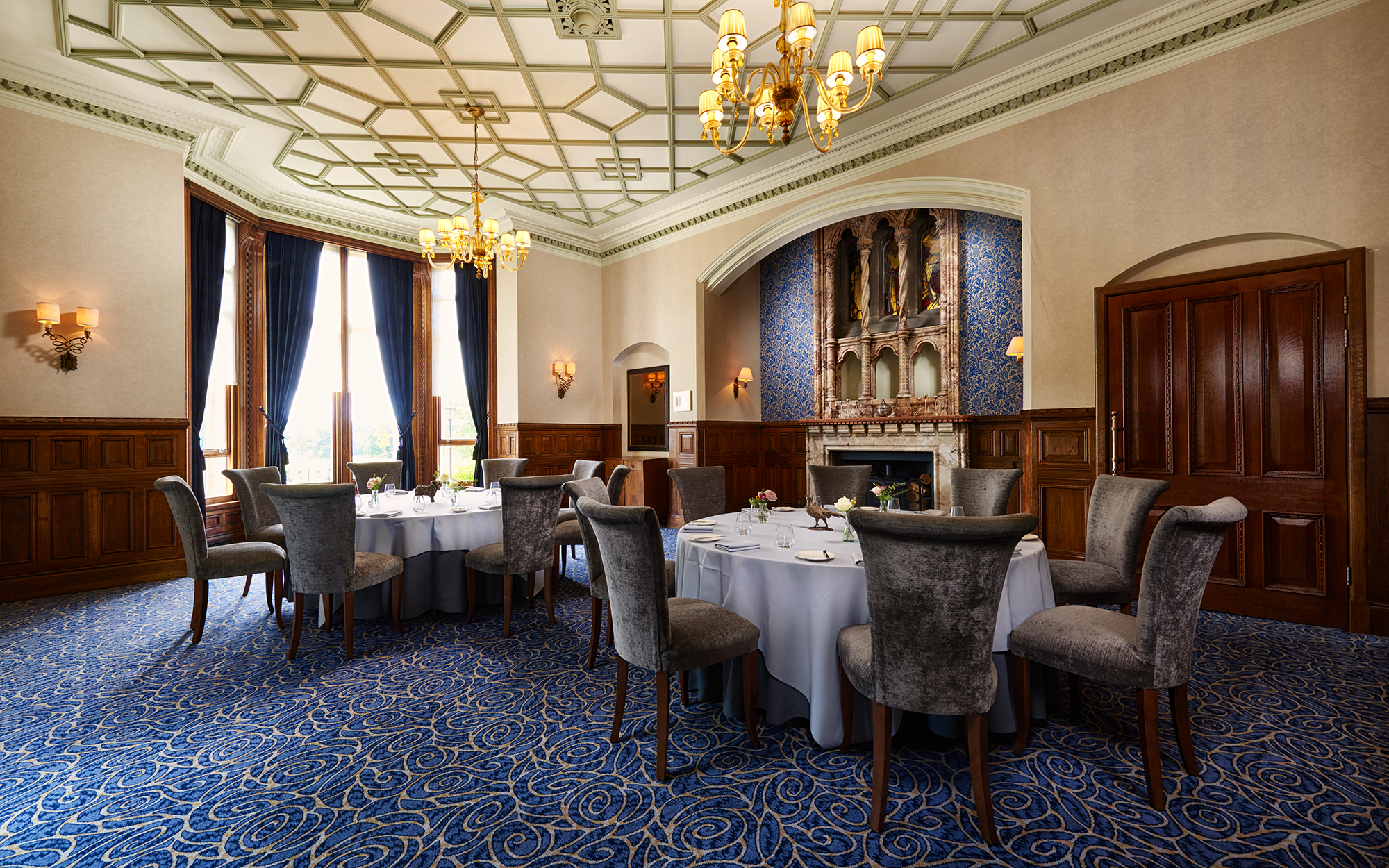 Elegant meeting space at Rockliffe Hall with plush seating for upscale events.