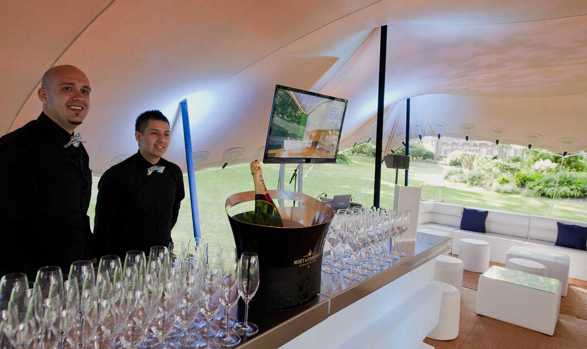 Portman Square Garden event setup with champagne bar for networking and celebrations.