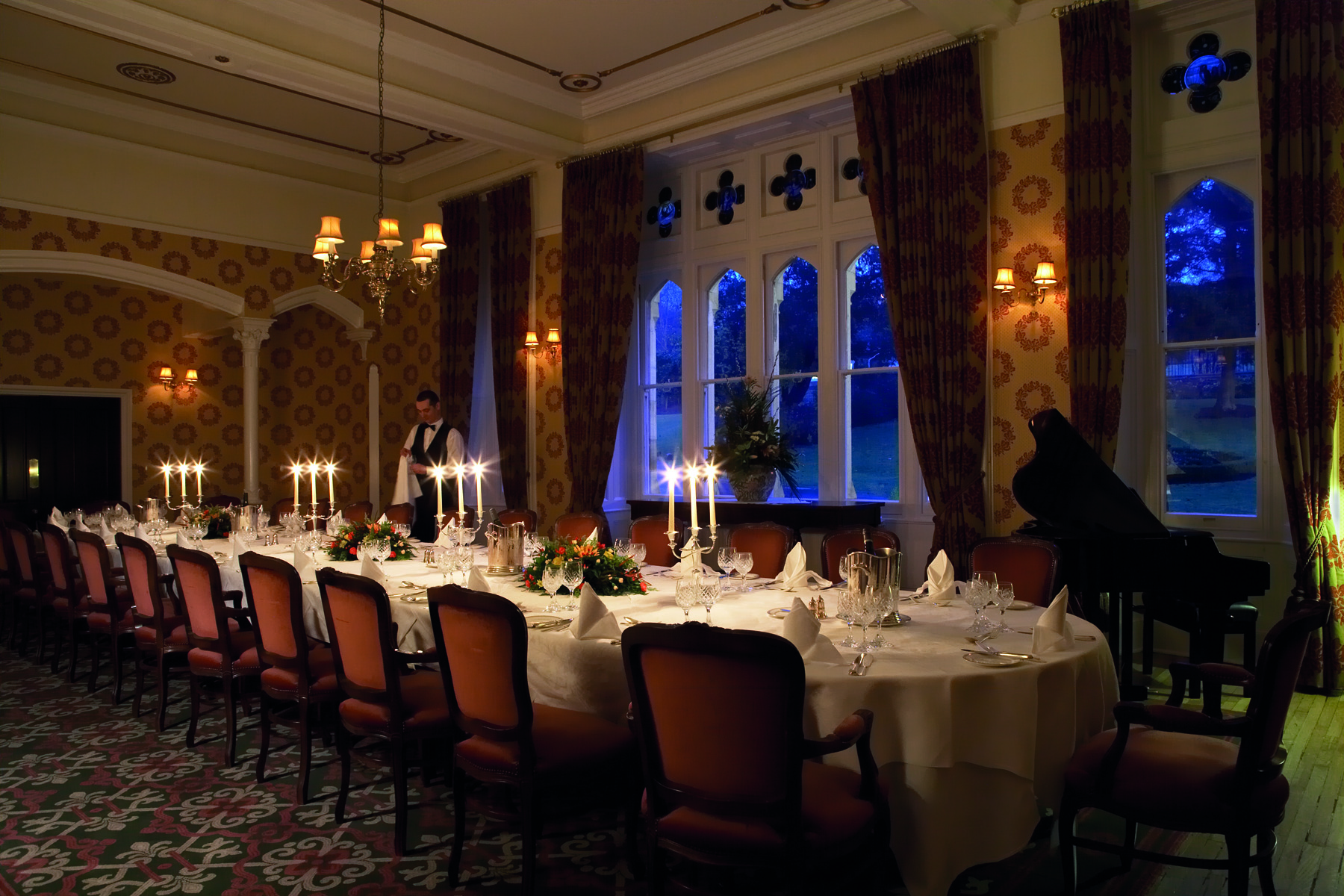 Elegant dining room at Ashdown Park Hotel, perfect for formal events and gala dinners.