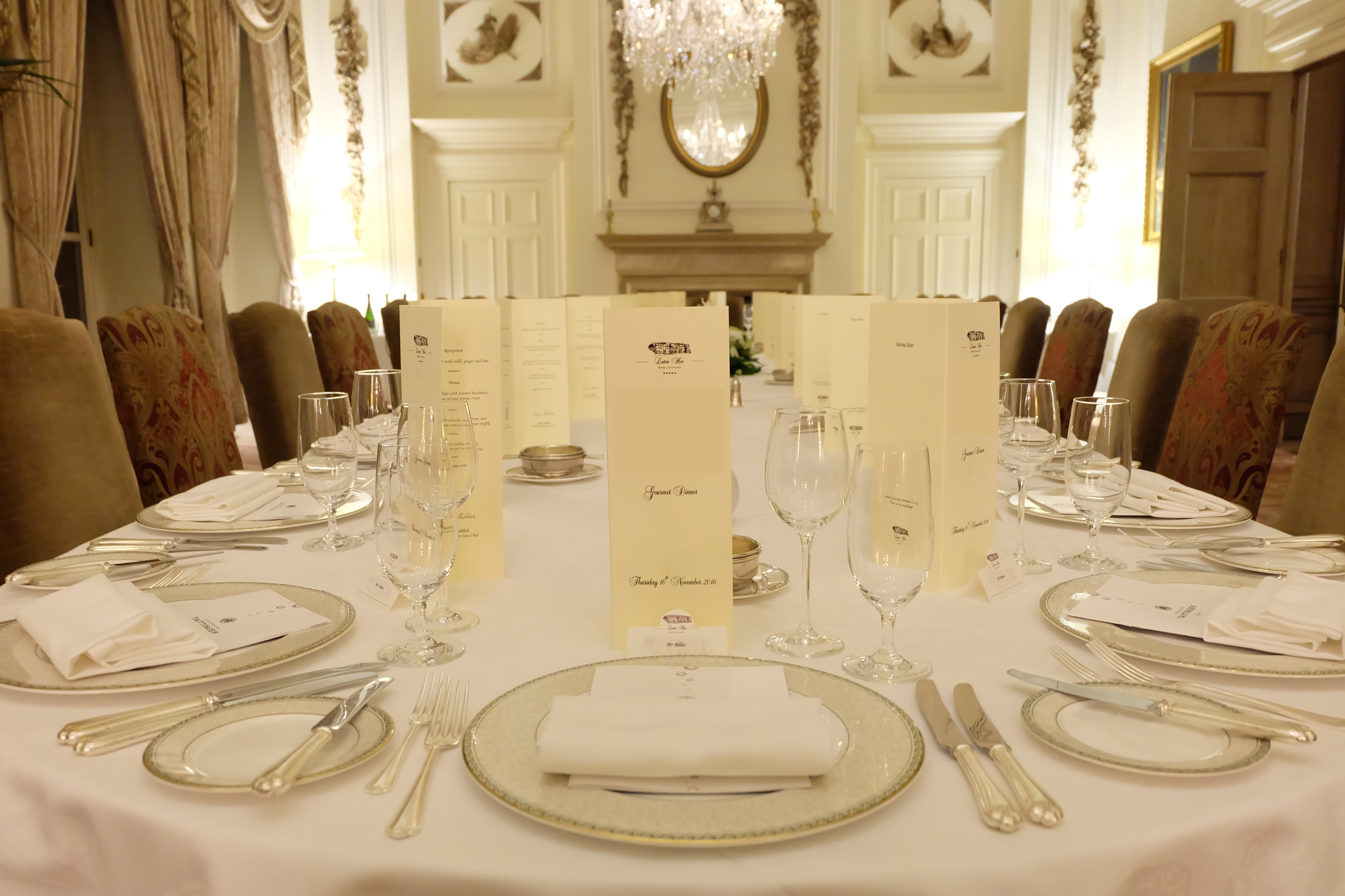 Elegant dining table at Luton Hoo Hotel for formal events and corporate dinners.