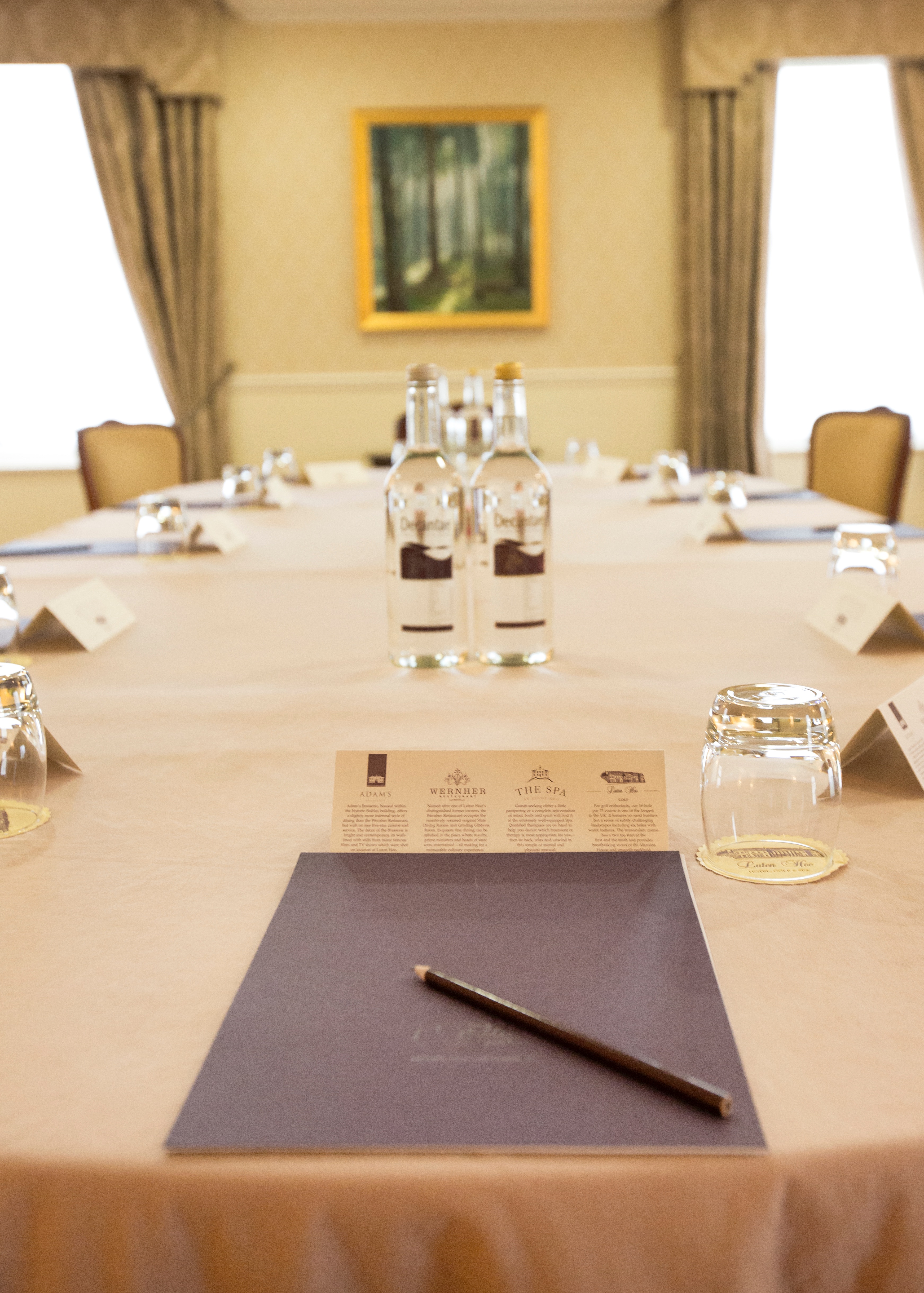 "Elegant meeting setup at Birchwood, Luton Hoo Hotel for professional events."