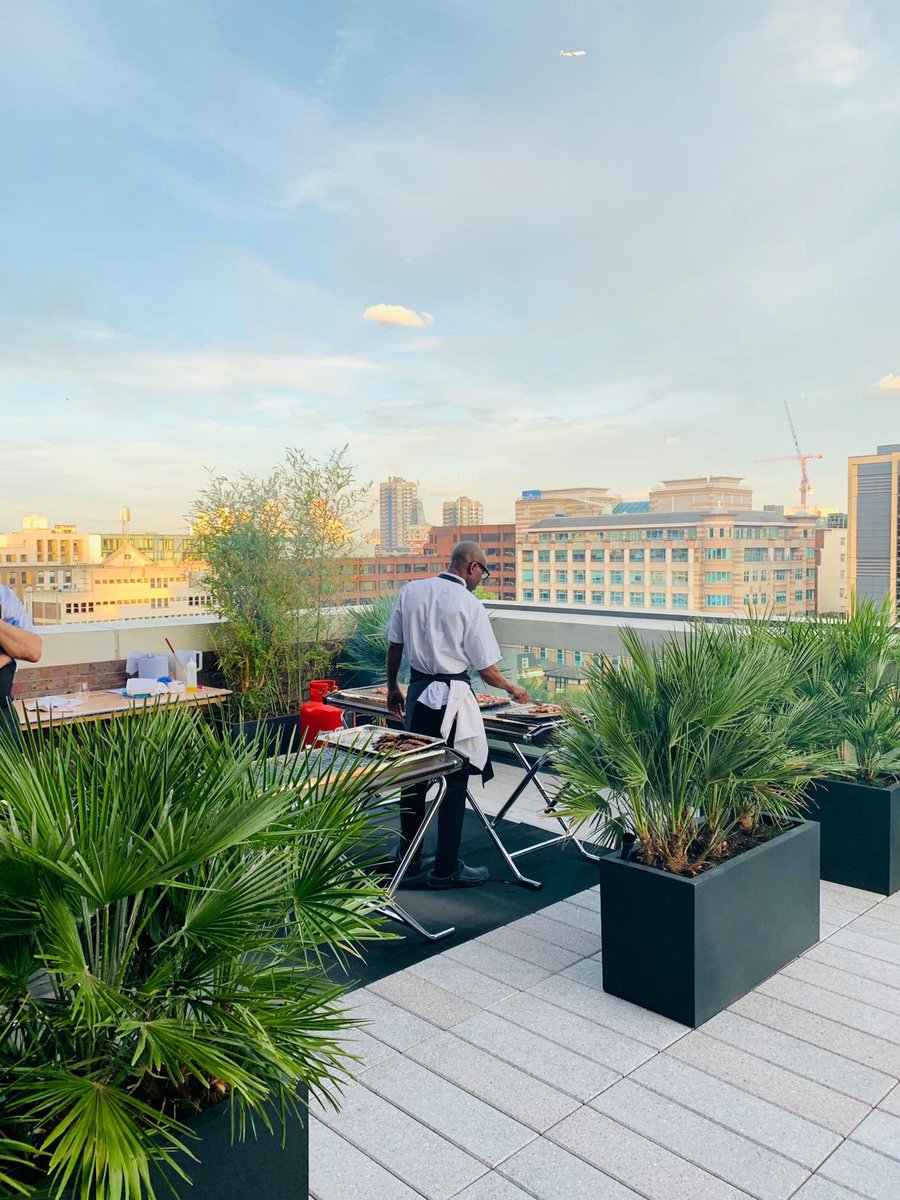 Rooftop event space with chef grilling, greenery, and city skyline views for gatherings.