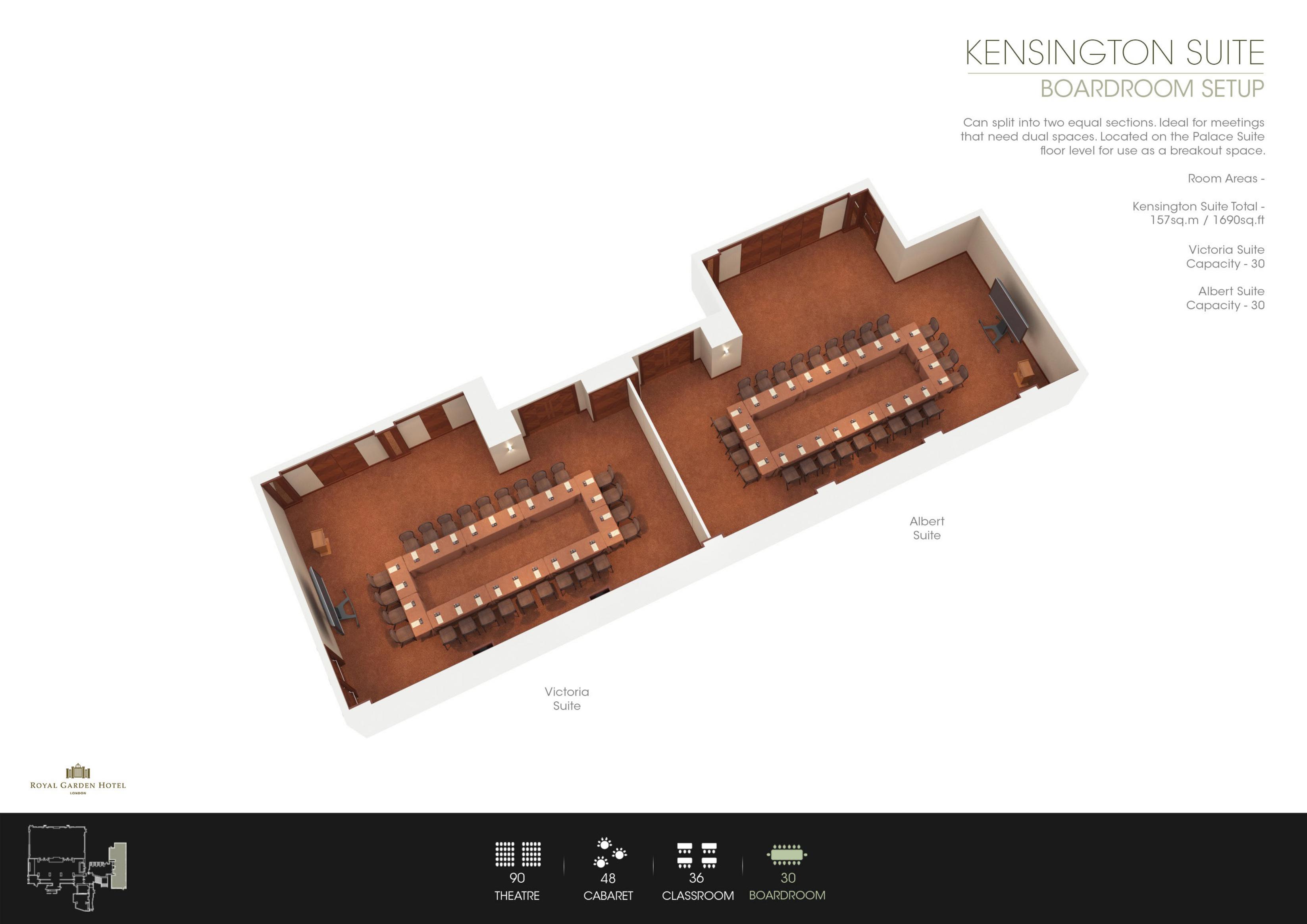 Boardroom setup in Kensington, Royal Garden Hotel for meetings and events.