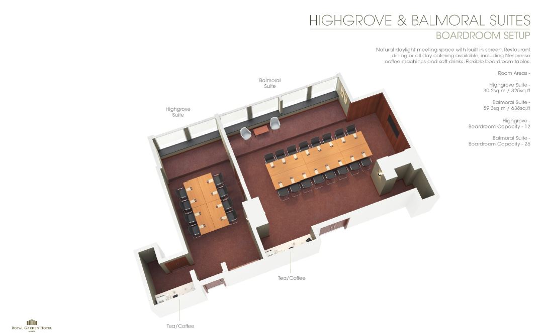 Balmoral Executive Boardroom layout for corporate meetings with natural light and seating.