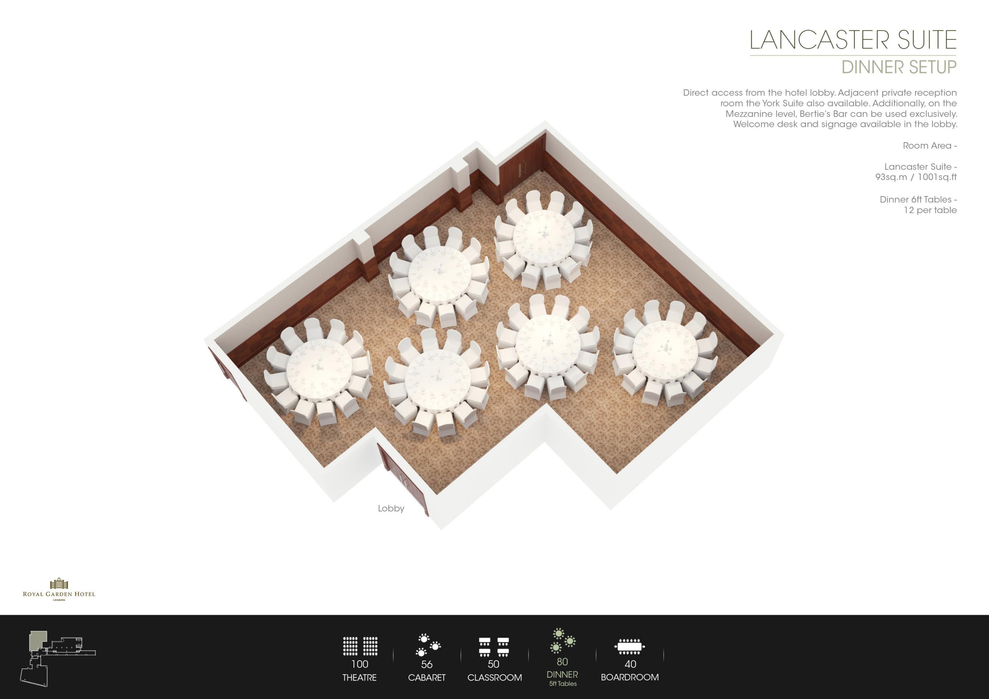 Elegant dinner setup in Lancaster Suite, Royal Garden Hotel for corporate events.