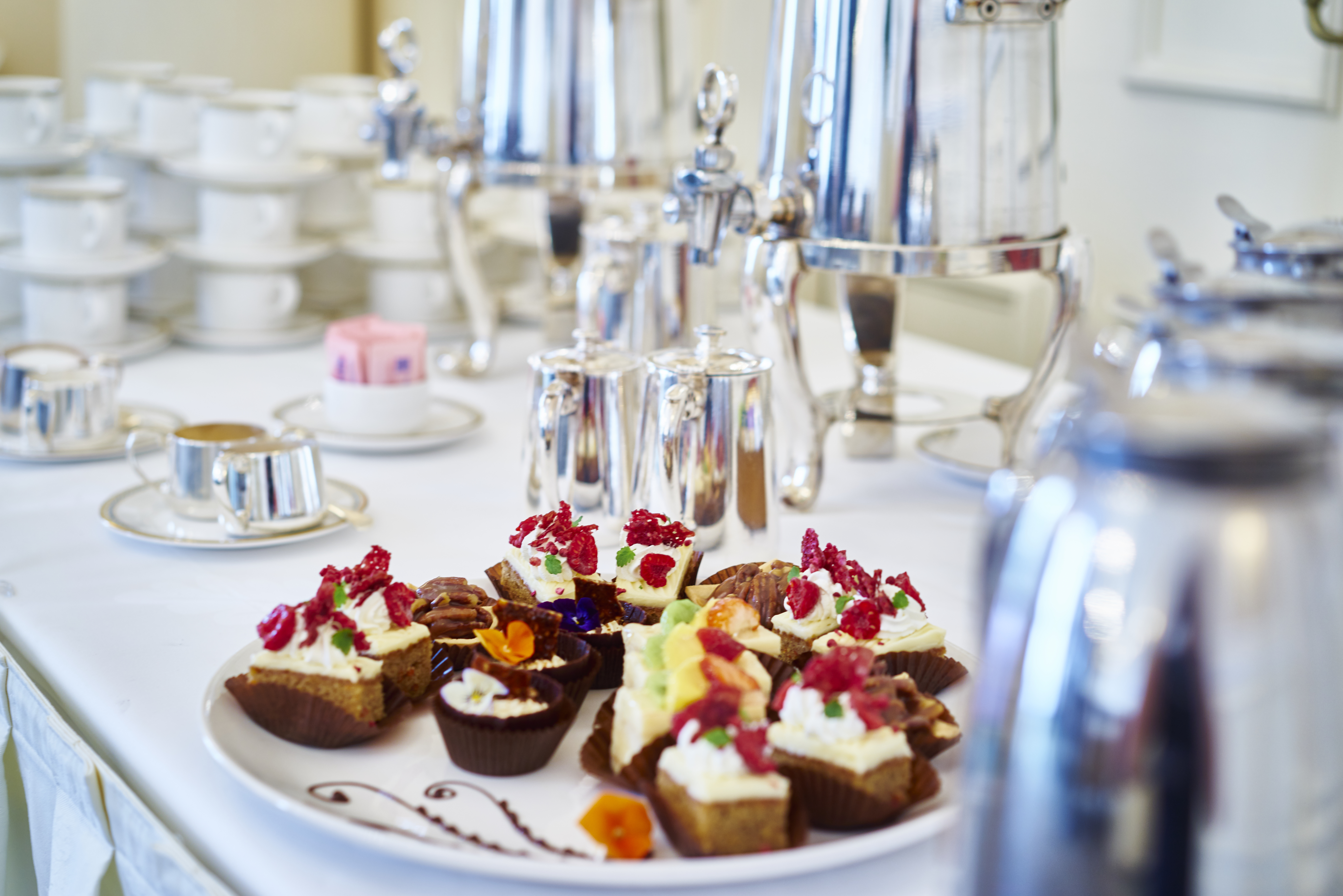 Elegant refreshment table with gourmet desserts at The Arundel Room, Grand Hotel Eastbourne.