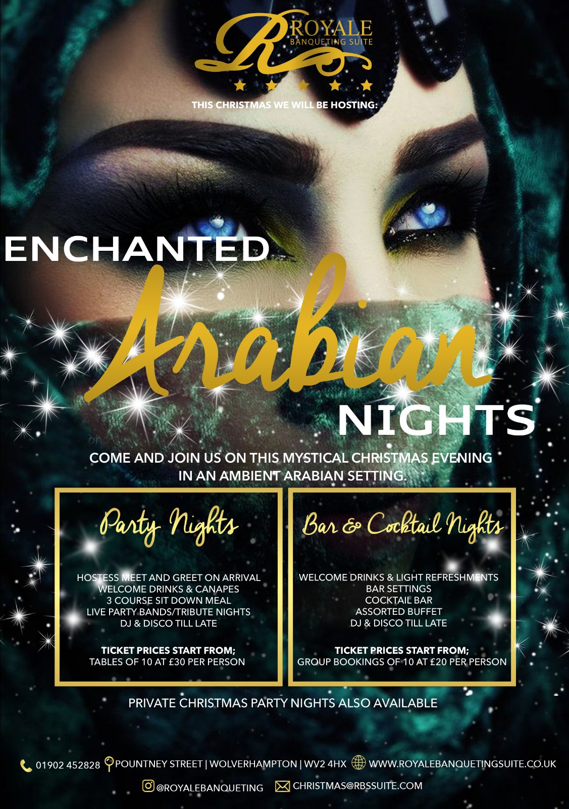 "Enchanted Arabian Nights flyer for festive Christmas event at Royale Banqueting Suite."