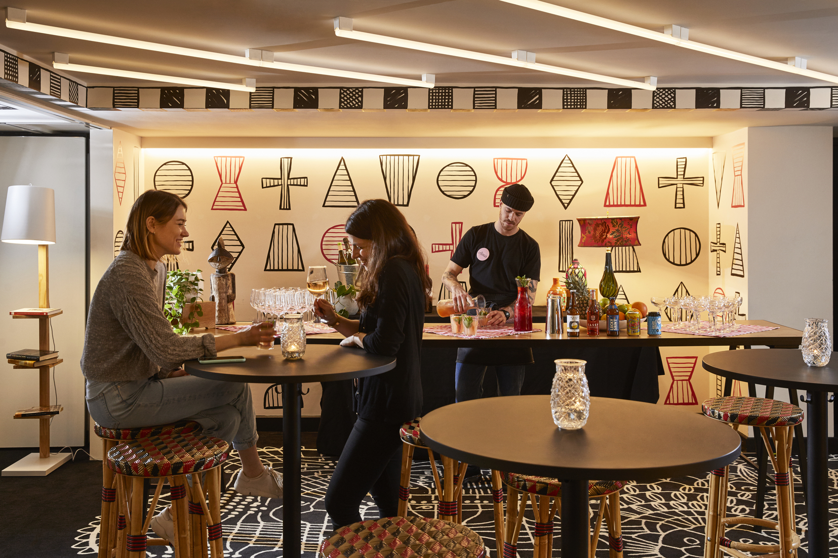 Stylish bar at Atelier 1, Mama Shelter London, ideal for networking events and receptions.