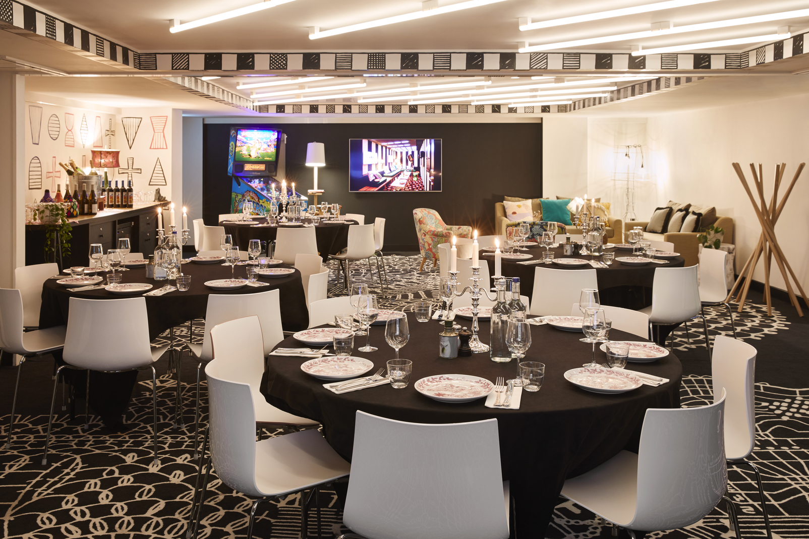 Stylish event space in Mama Shelter London with elegant tables and modern decor.