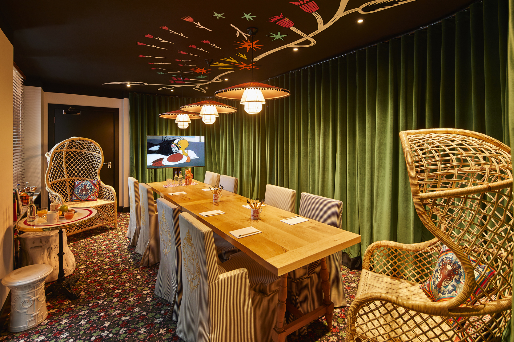 Private dining room at Mama Shelter London with stylish decor for meetings and gatherings.