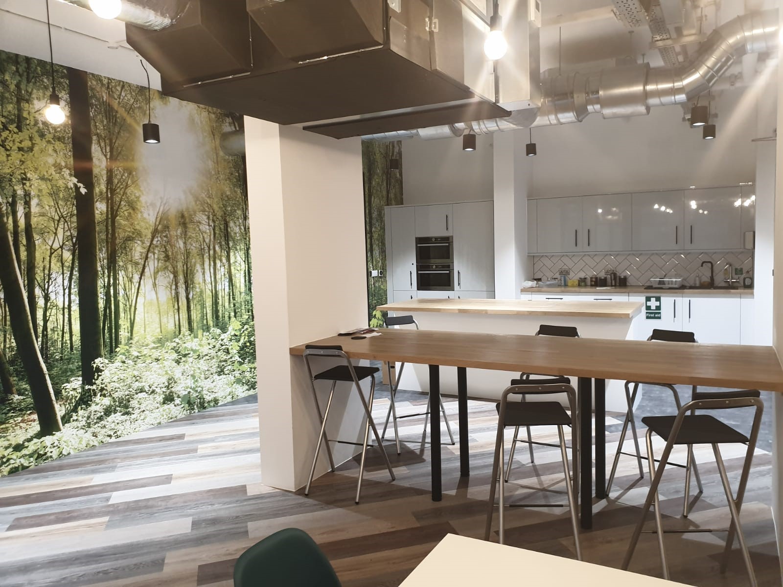 Modern meeting space at Vandon Rooms, featuring a nature mural for events and collaboration.