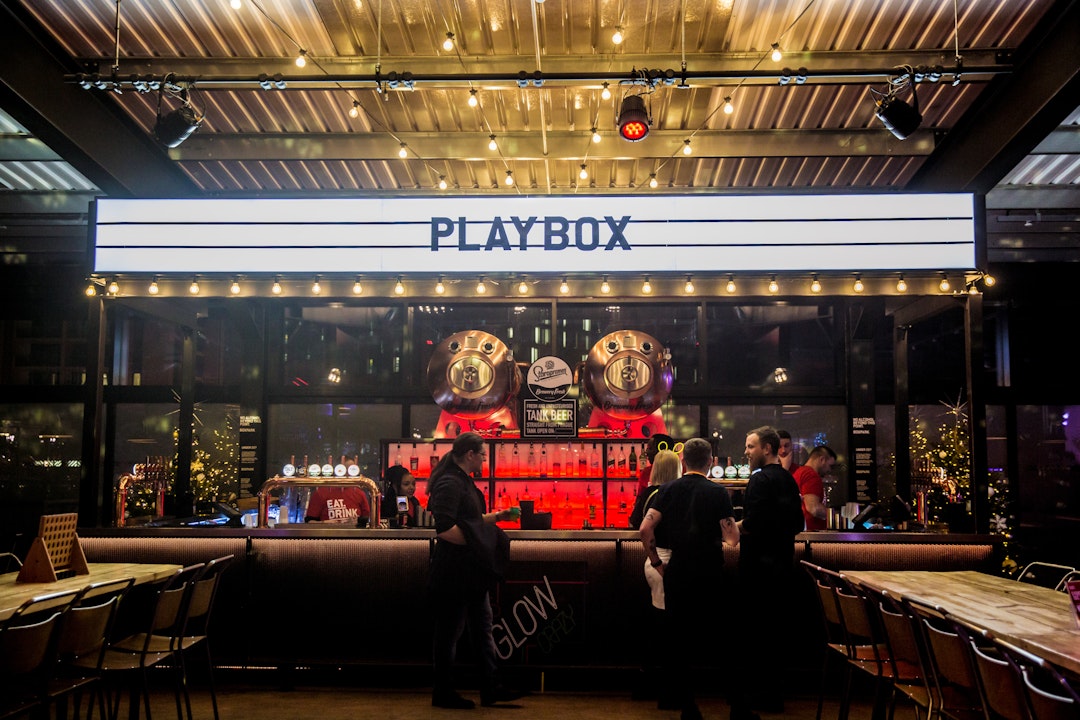 PlayBox Bar at Boxpark Wembley, stylish bar with marquee, ideal for events and gatherings.