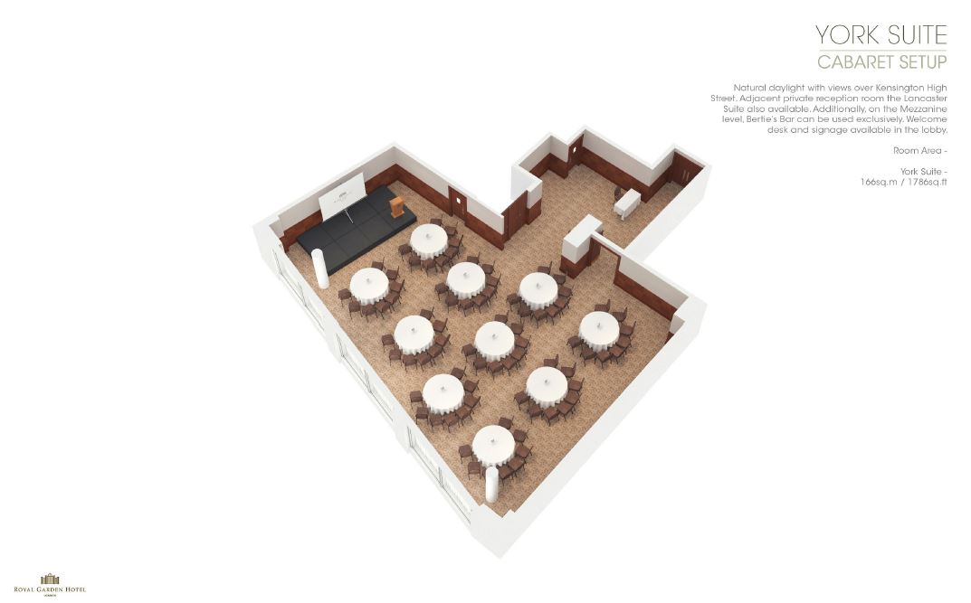 York Suite cabaret setup at Royal Garden Hotel, perfect for meetings and events.