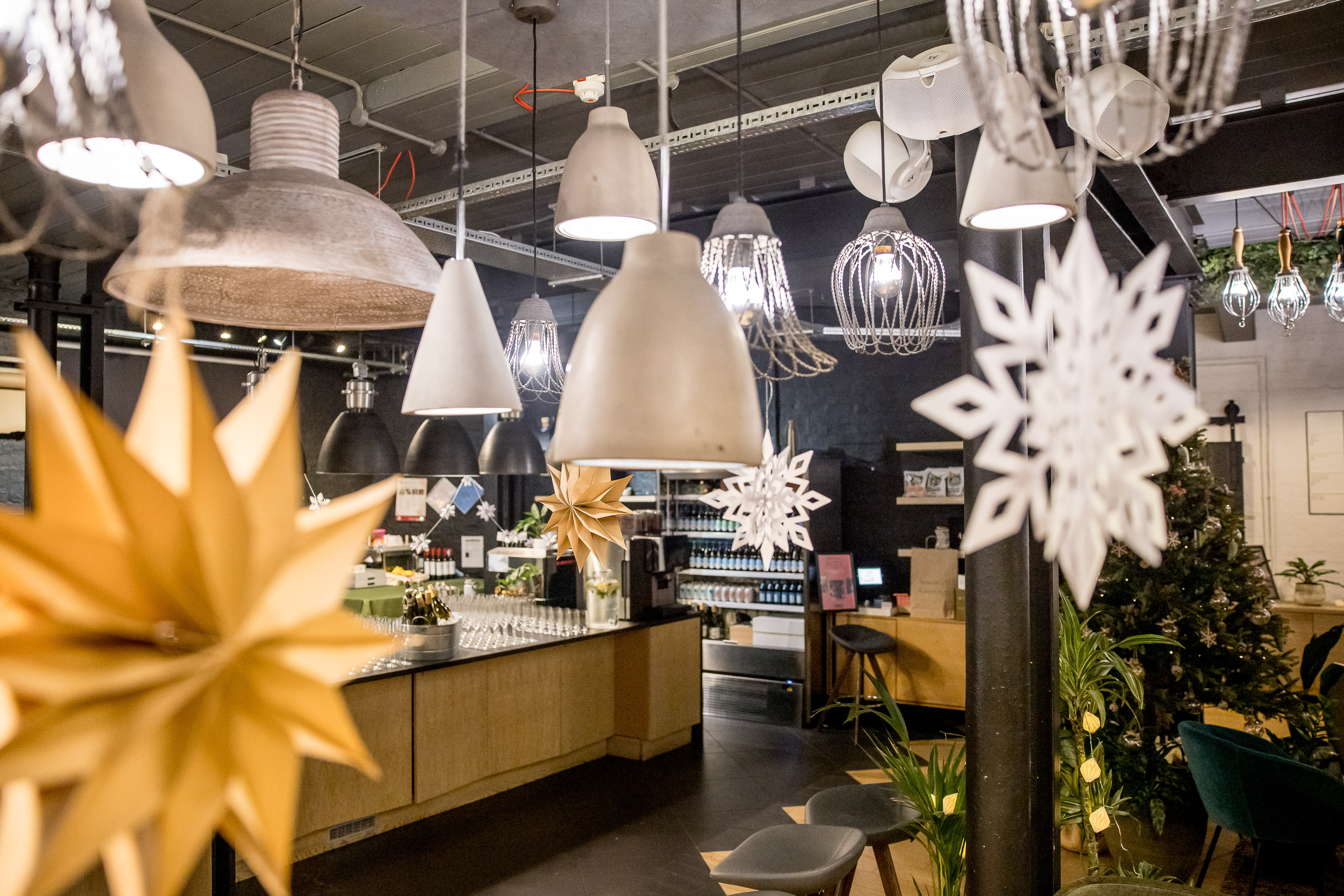 Modern event space with stylish lighting at Cafe Lounge, ideal for networking and gatherings.