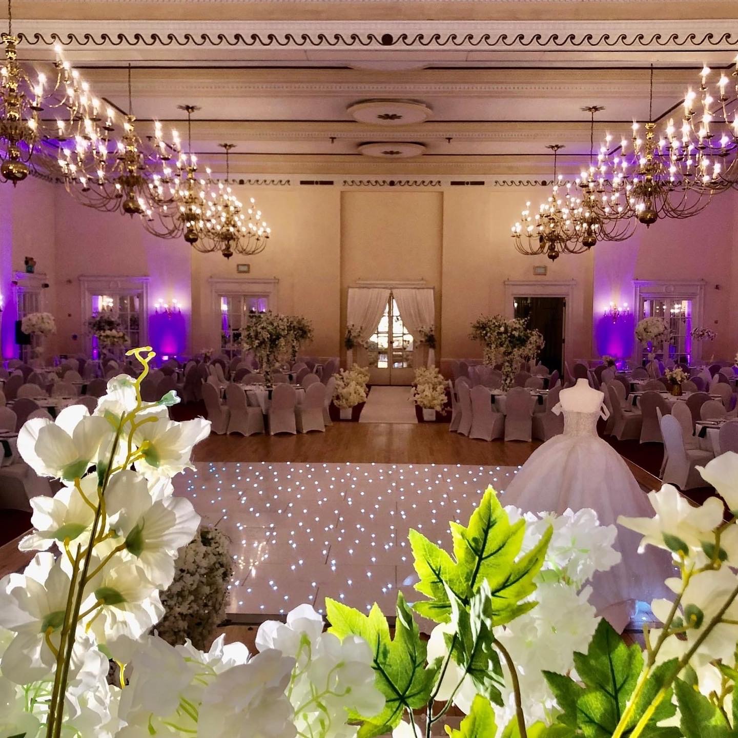 Banqueting Hall at The Adelphi Hotel, elegant chandeliers, perfect for weddings and events.