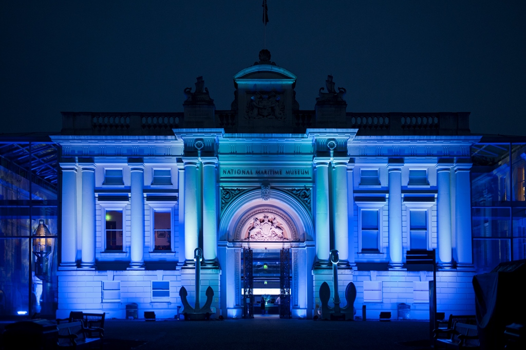 Ocean Map venue at National Maritime Museum, illuminated in blue for corporate events.