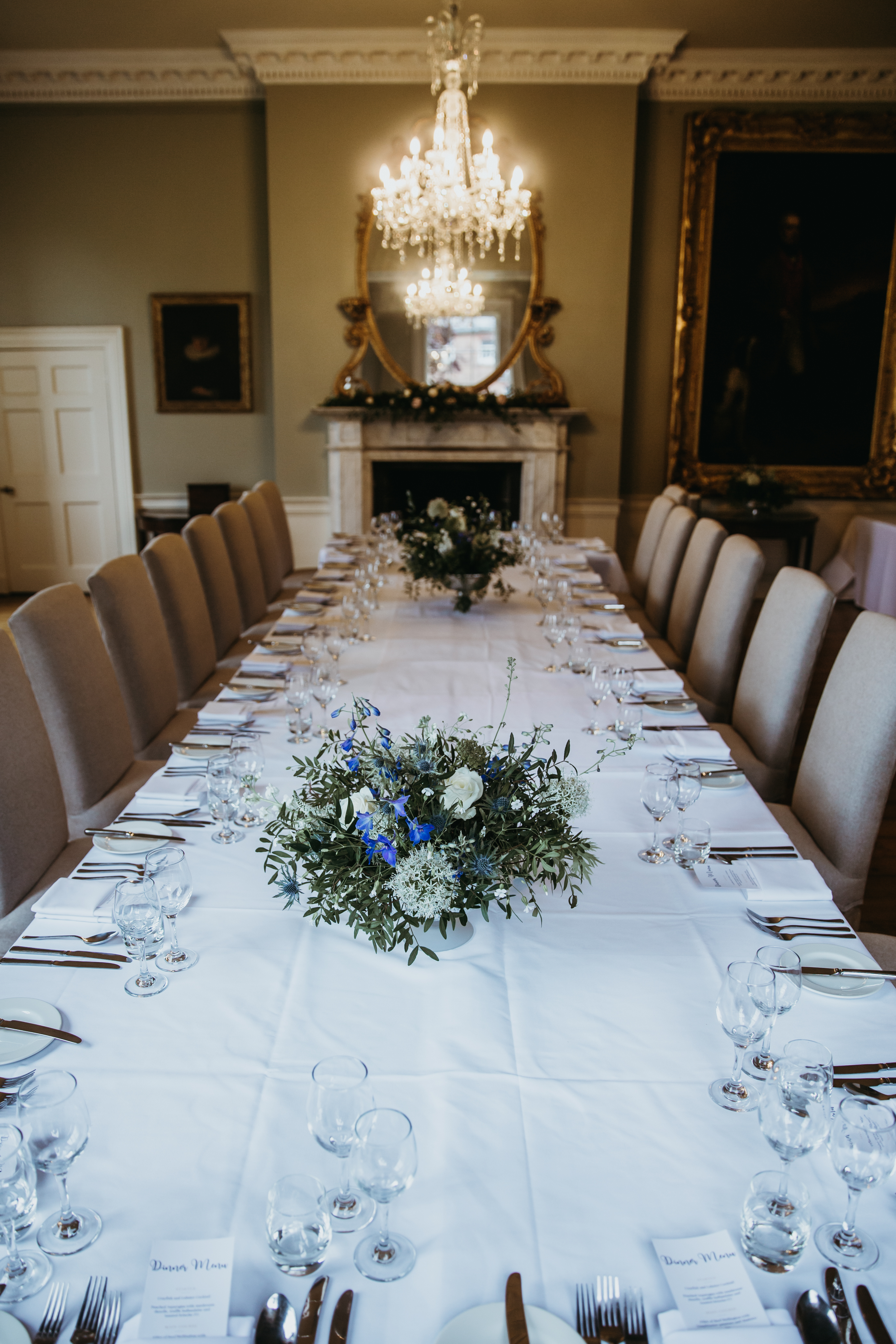 Elegant long dining table setup for corporate dinner at Norwood Park Country House.