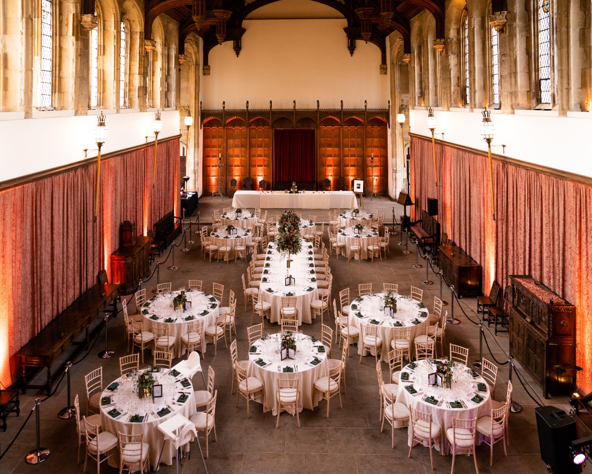 Eltham Palace banquet hall with round tables for luxury wedding or corporate event venues.